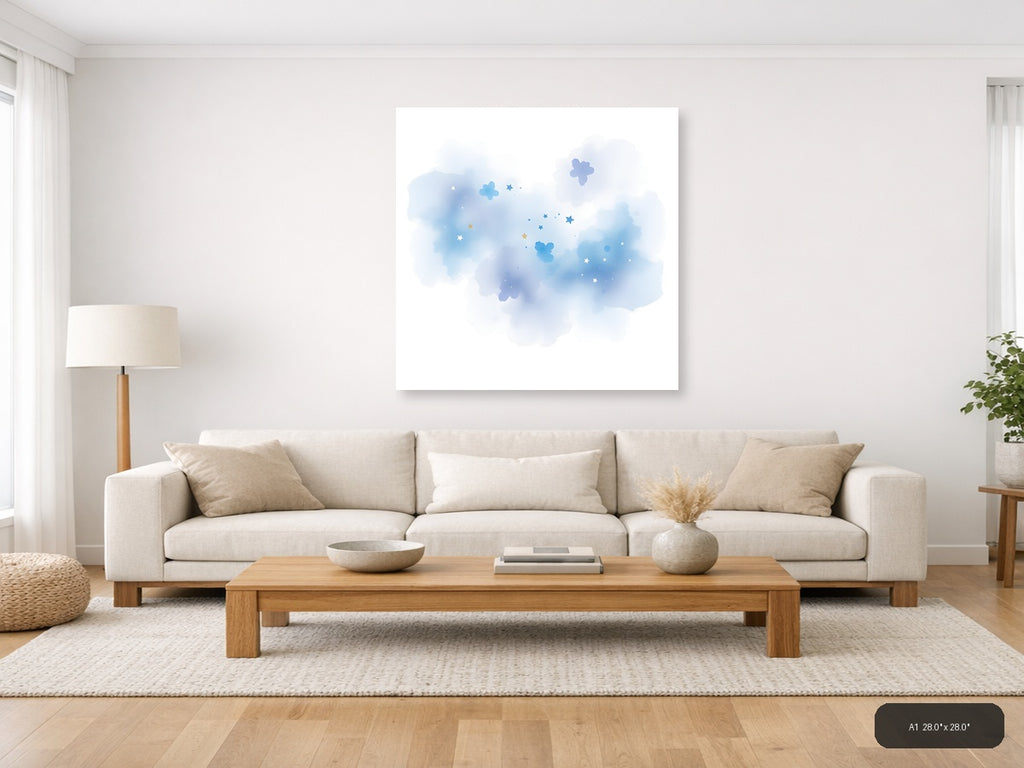 Dreamy Blue Watercolor Sky with Stars and Clouds Wall Art — A1 / Living Room