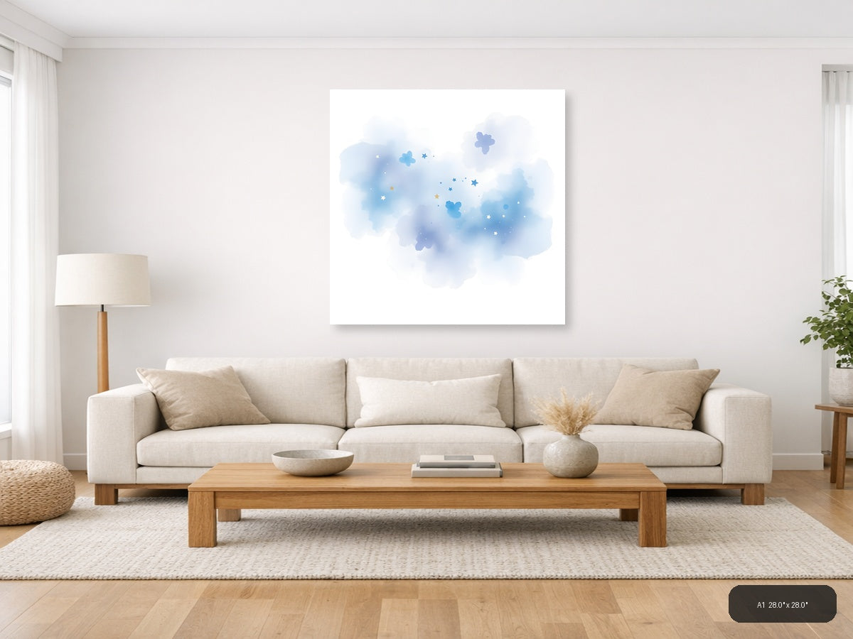 Dreamy Blue Watercolor Sky with Stars and Clouds Wall Art — A1 / Living Room