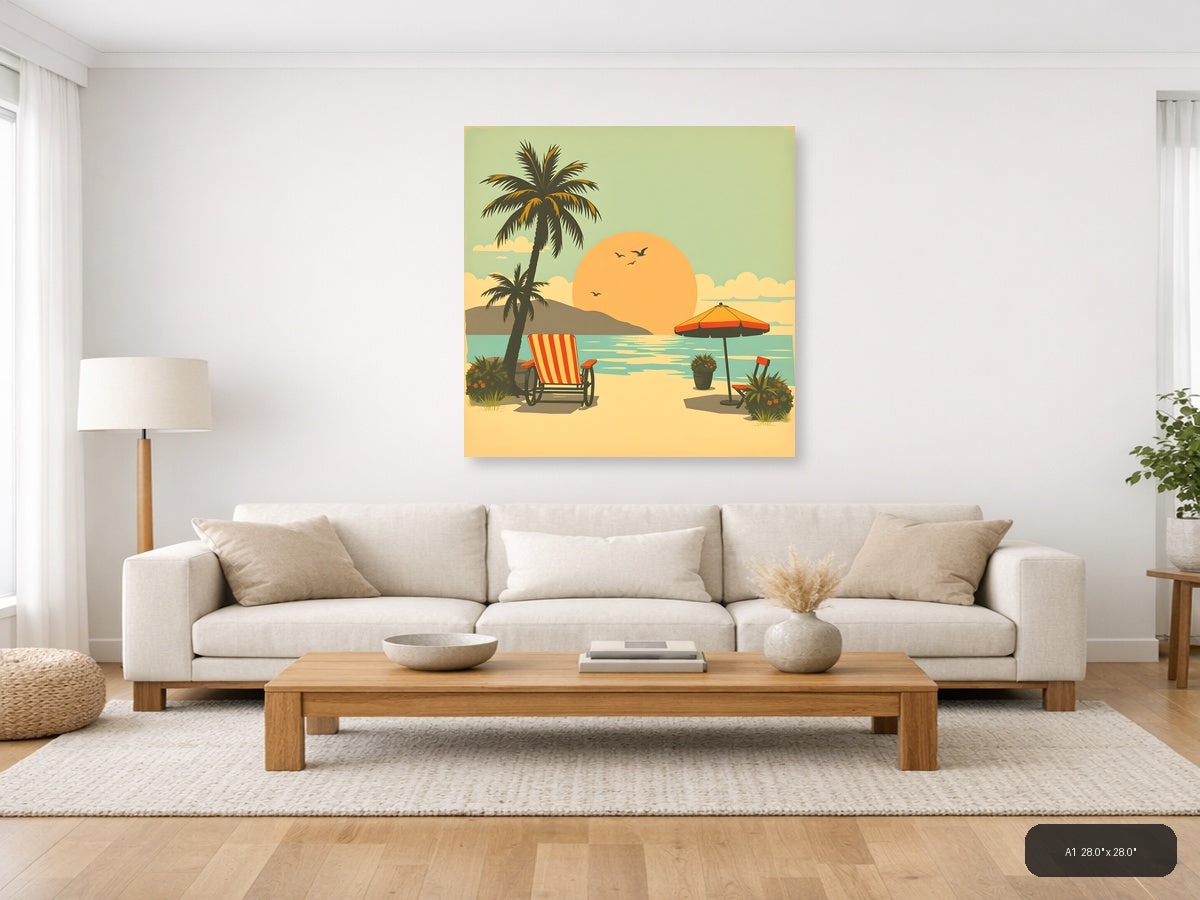 Vintage Beach Sunset Palm Tree Scene Wall Art — A1 / Living Room