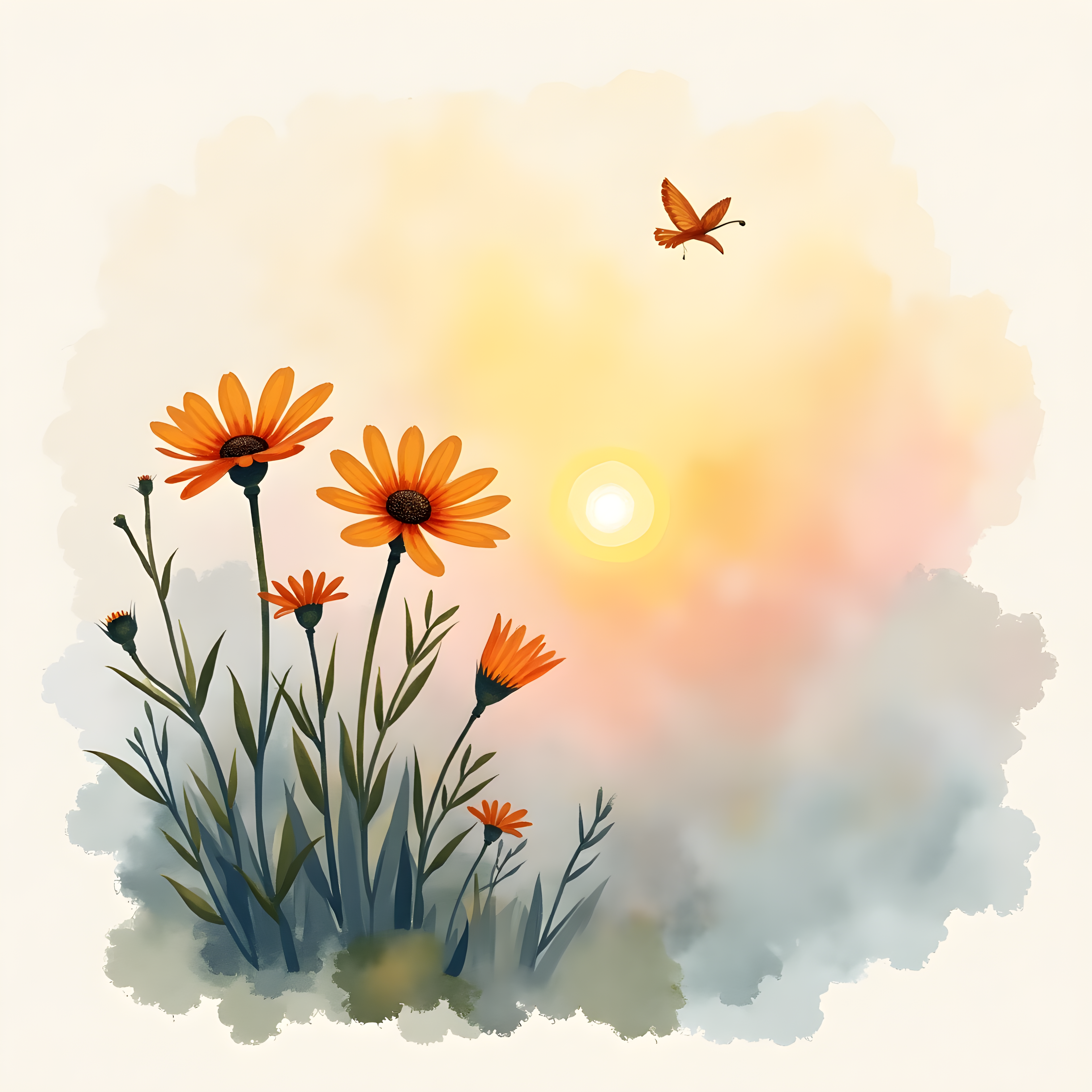 Orange Flowers Butterfly Sunrise Watercolor Wall Art