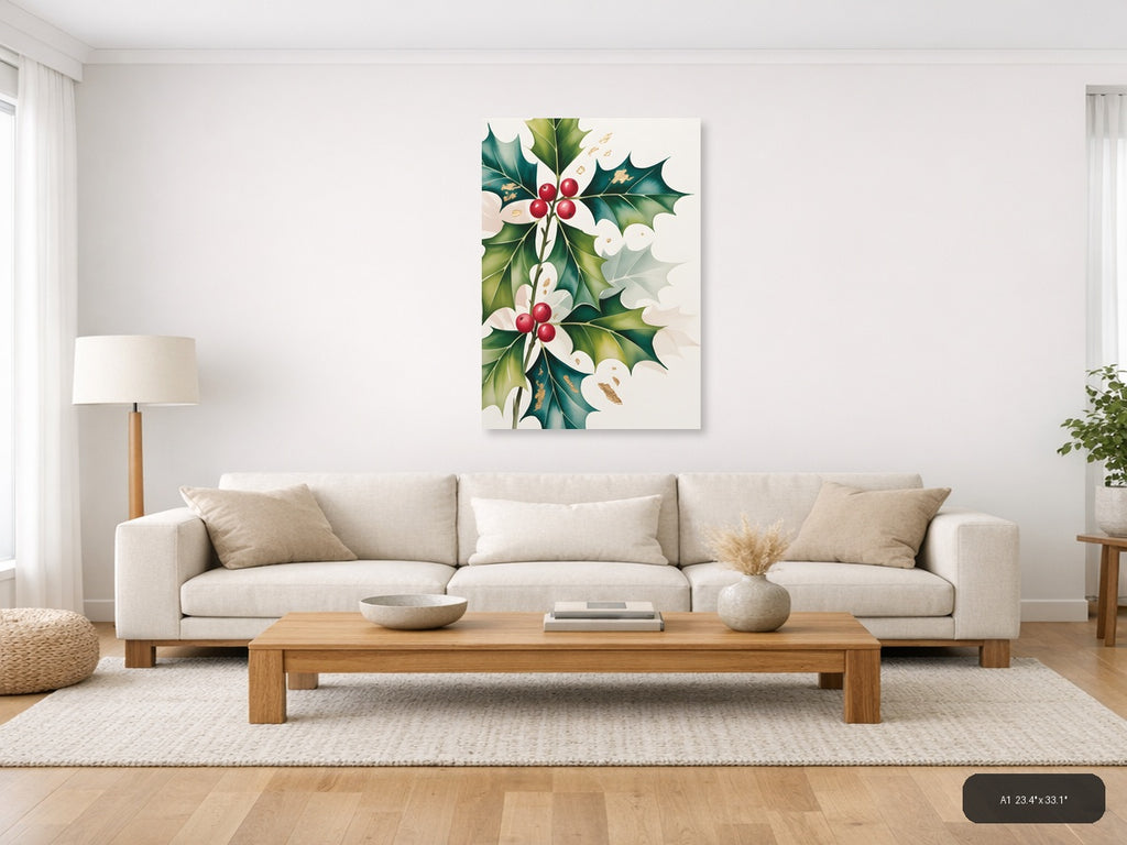 Holly Berries & Flowers Watercolor Portrait Wall Art — A1 / Living Room