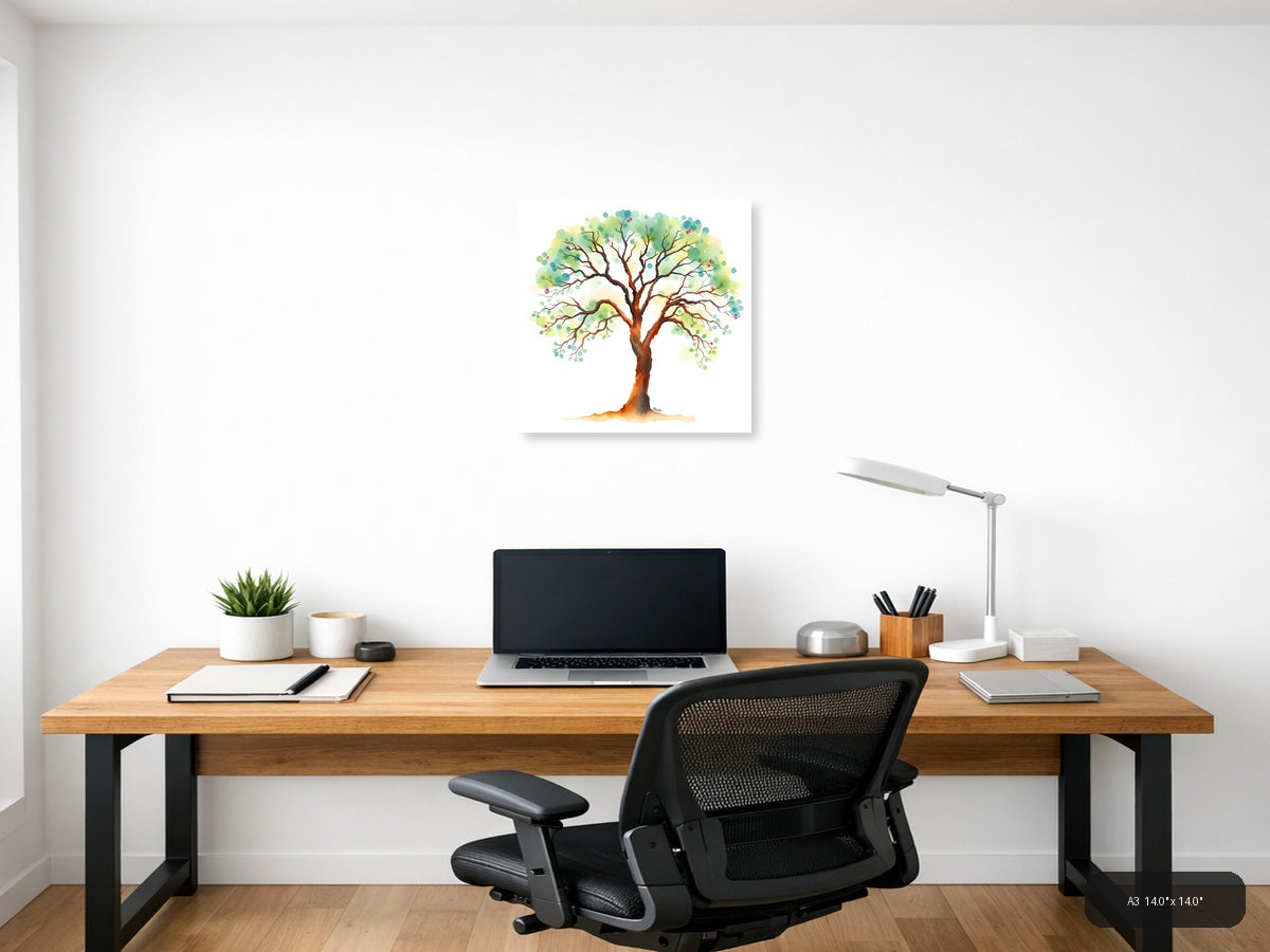 Watercolor Tree with Green Foliage Wall Art — A3 / Office