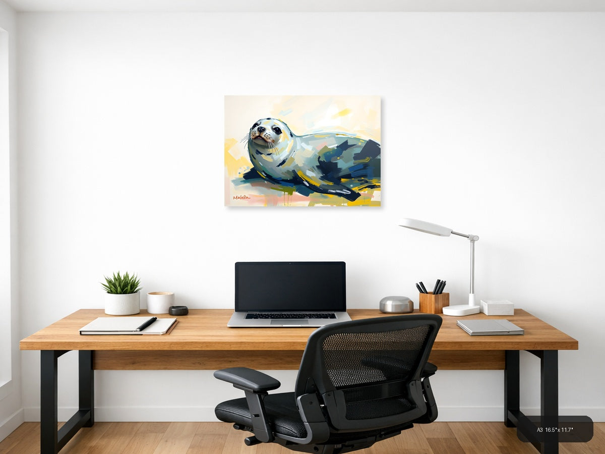 Abstract Seal Portrait with Yellow Accents Wall Art — A3 / Office