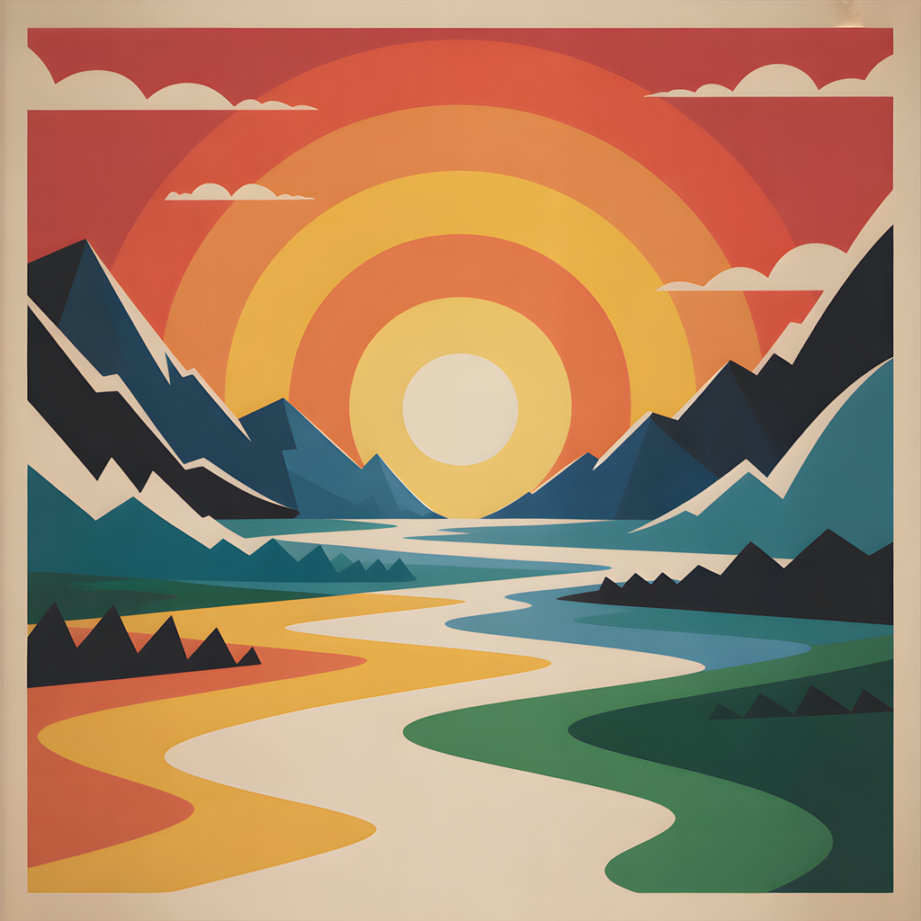 Vintage Sunset Mountain River Landscape Wall Art