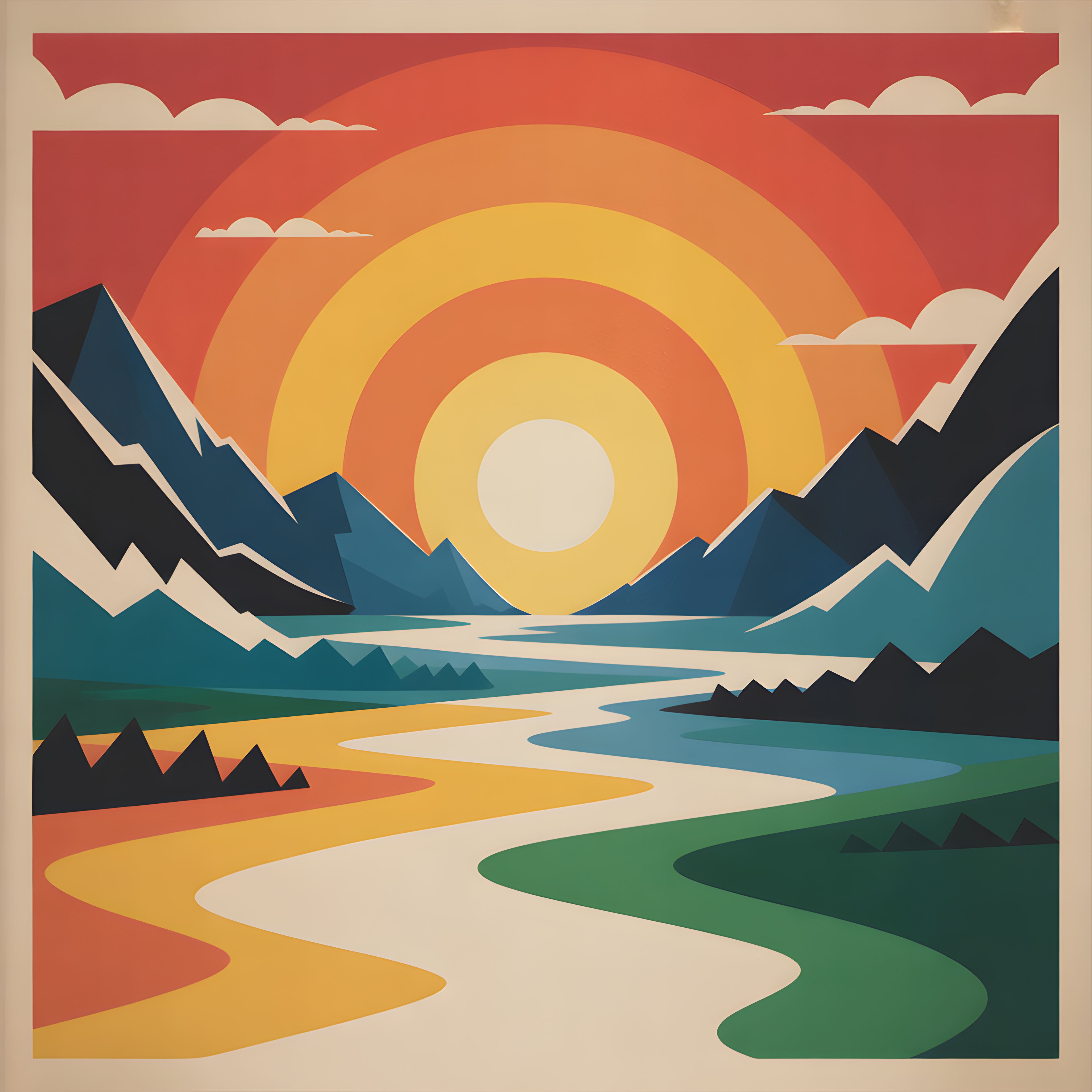 Vintage Sunset Mountain River Landscape Wall Art
