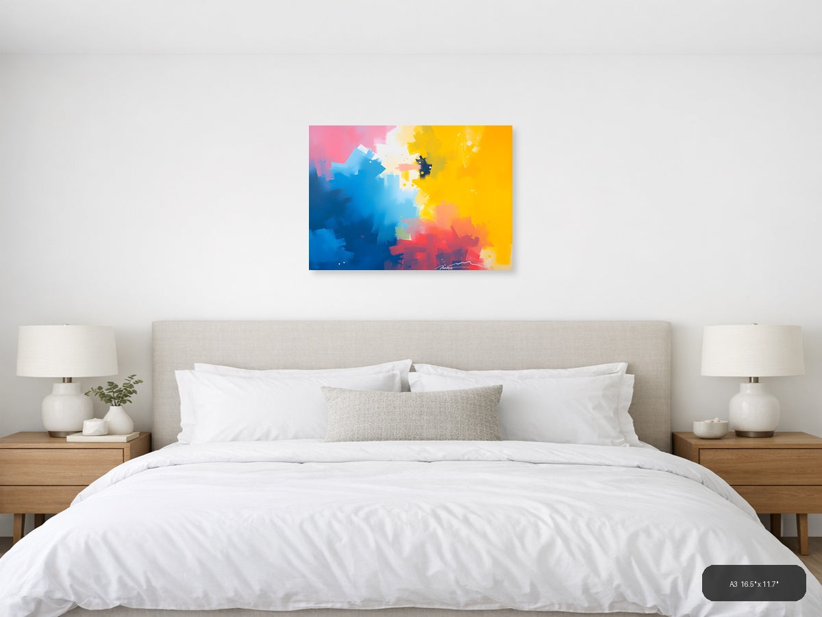 Blue Yellow Red Abstract Brushstrokes Modern Wall Art — A3 / Bedroom