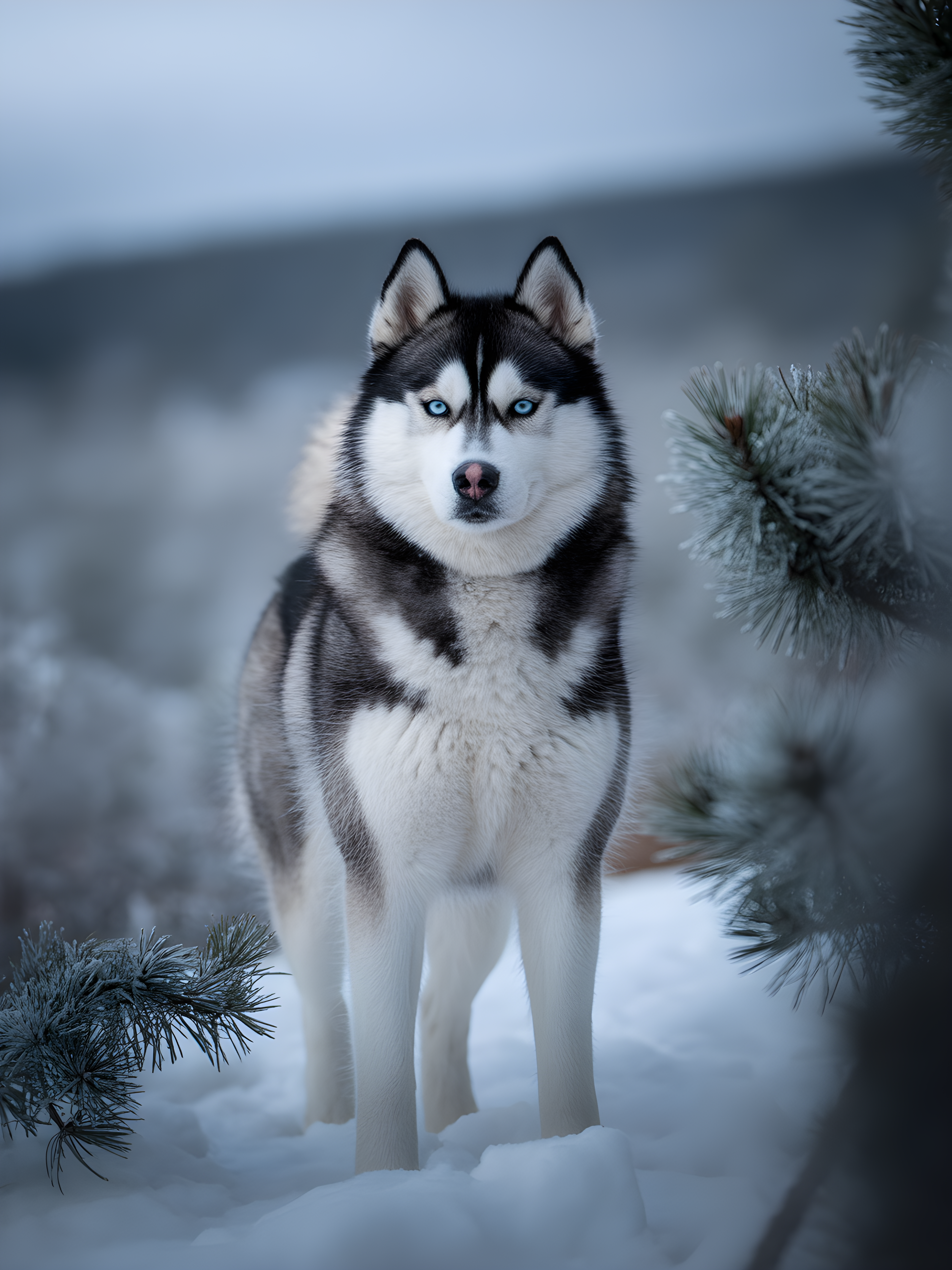 Husky with Blue Eyes in Snowy Winter Forest Photography Wall Art