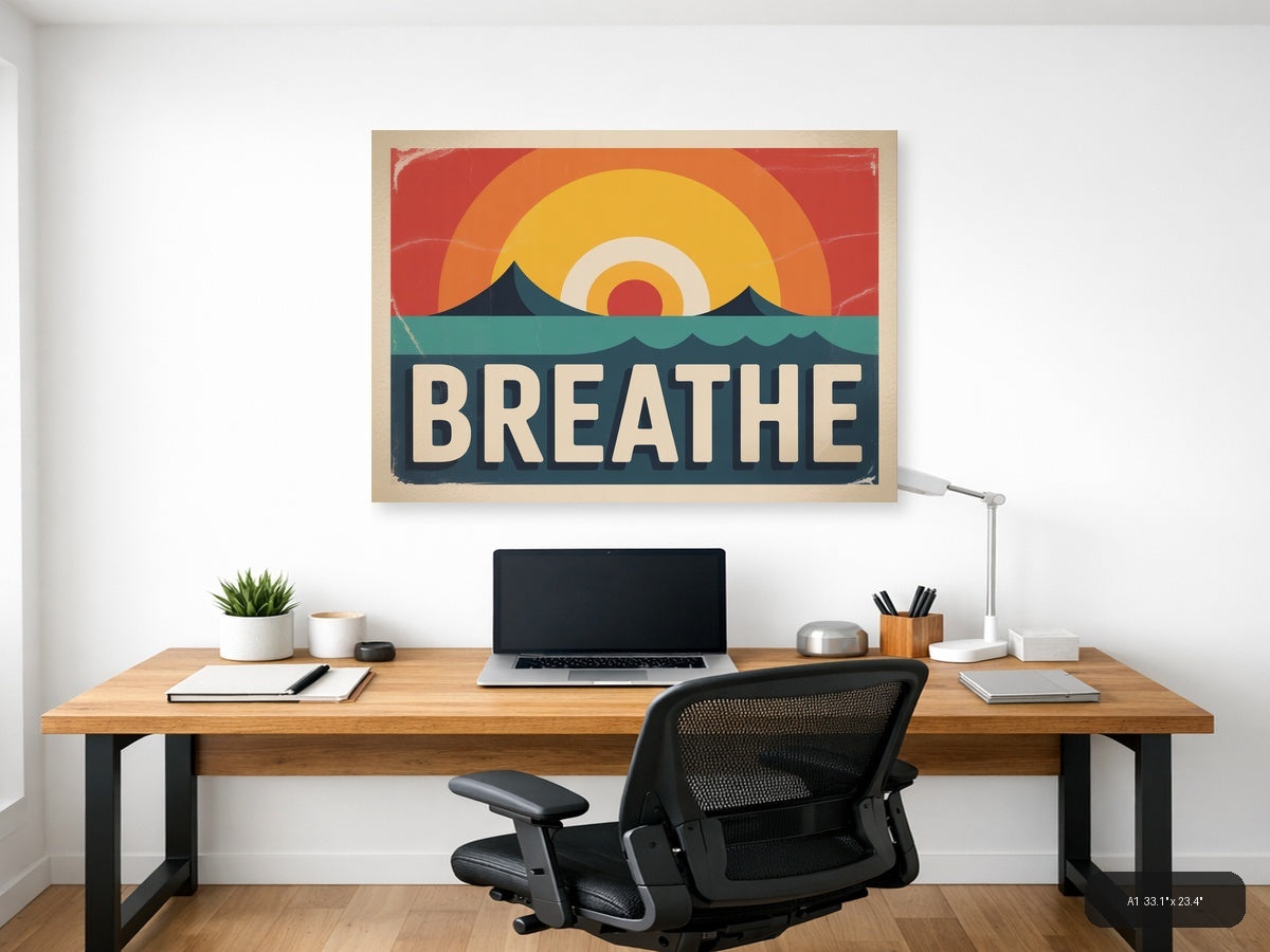 Vintage Sunset Ocean Landscape with Breathe Typography Wall Art — A1 / Office