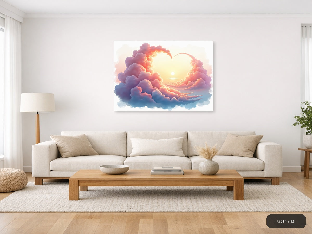 Sunset Heart Clouds Watercolor Landscape Wall Art — A2 / Living Room