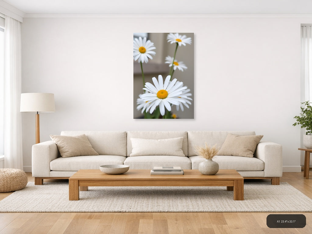 White Daisies with Yellow Centers Minimalist Wall Art — A1 / Living Room