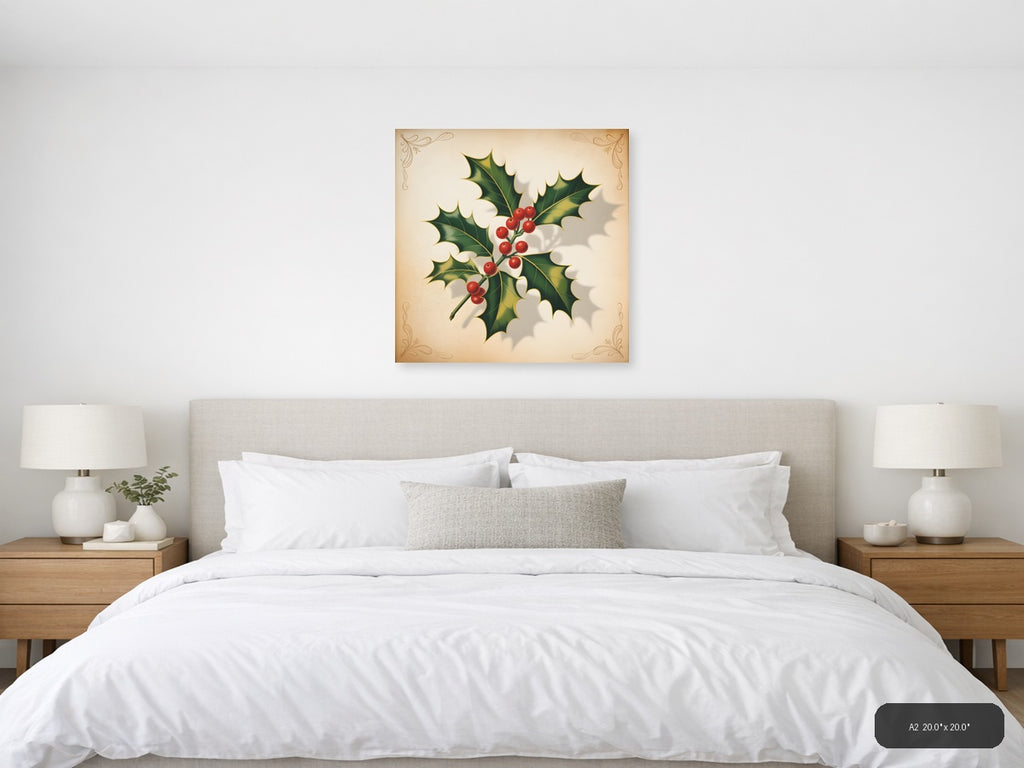 Holly Berries & Leaves Vintage Christmas Wall Art — A2 / Bedroom