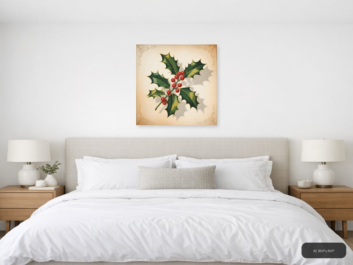 Holly Berries & Leaves Vintage Christmas Wall Art — A2 / Bedroom