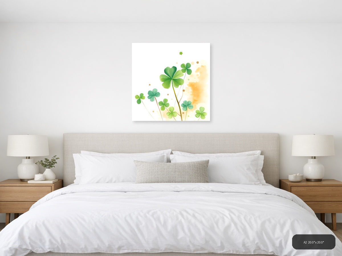 Four Leaf Clovers Watercolor Green Wall Art — A2 / Bedroom