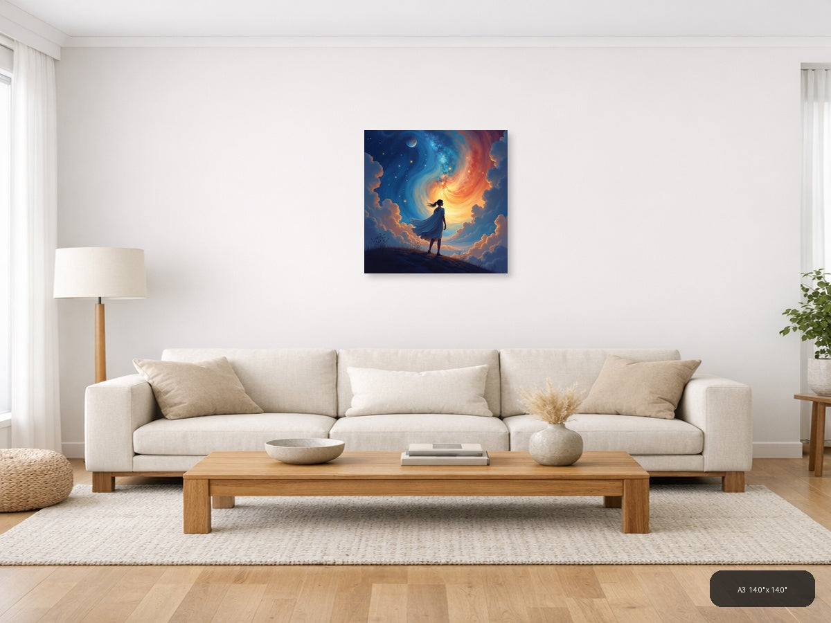 Woman Gazing at Cosmic Spiral Abstract Wall Art — A3 / Living Room