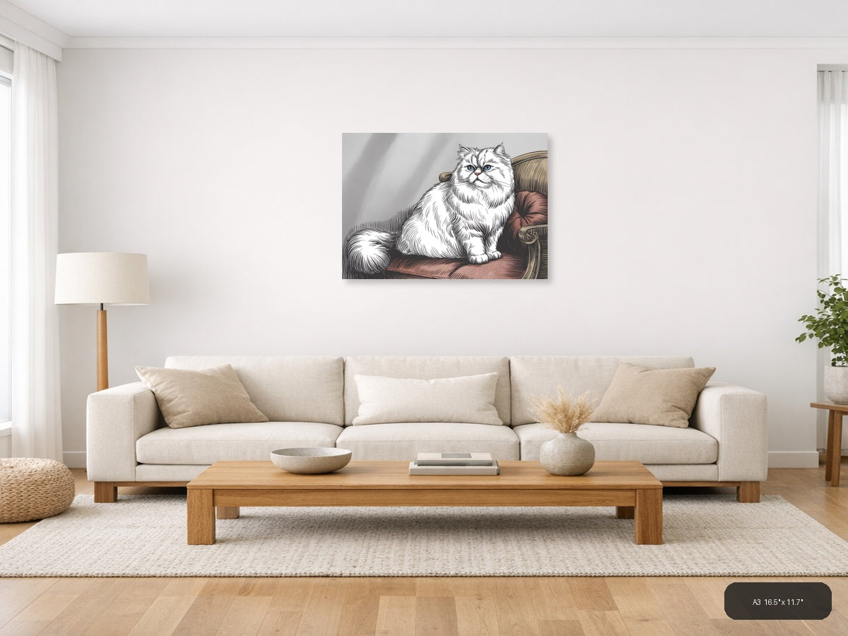 White Fluffy Cat with Blue Eyes Line Art Wall Art — A3 / Living Room