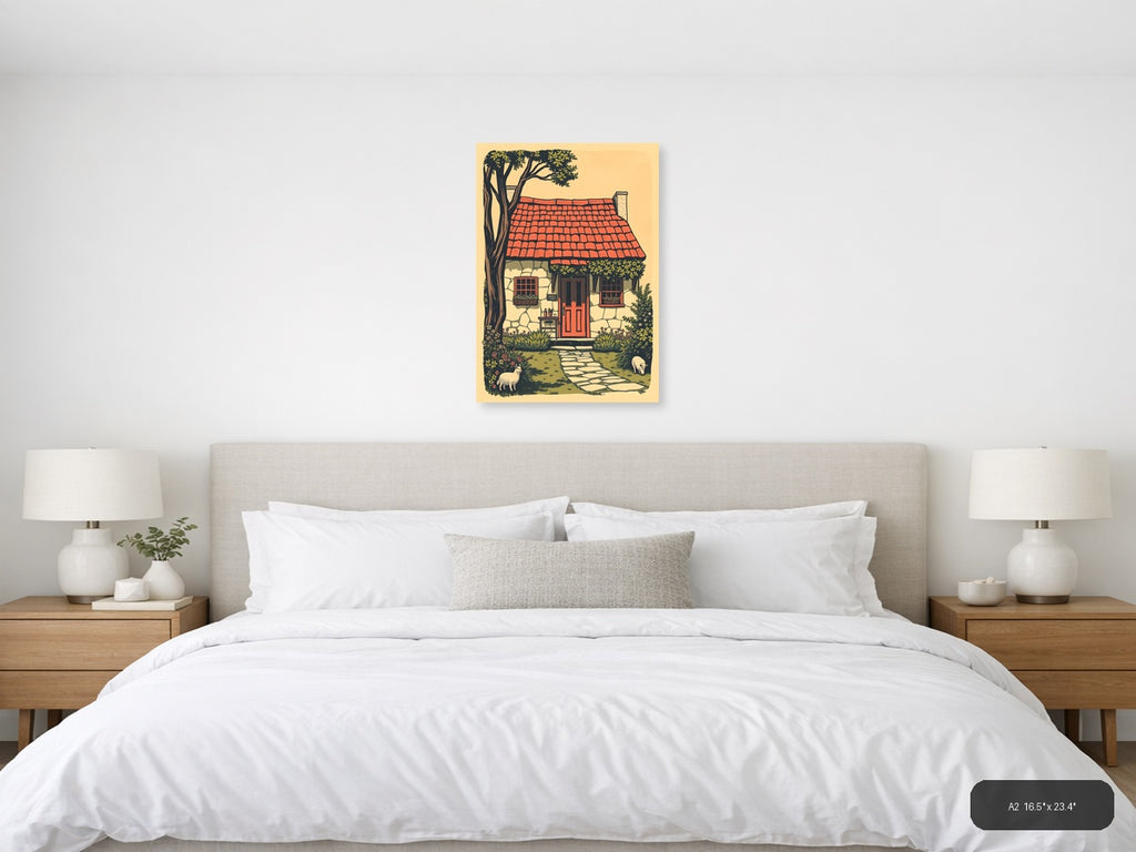 Vintage Cottage with Red Roof and Tree Wall Art — A2 / Bedroom