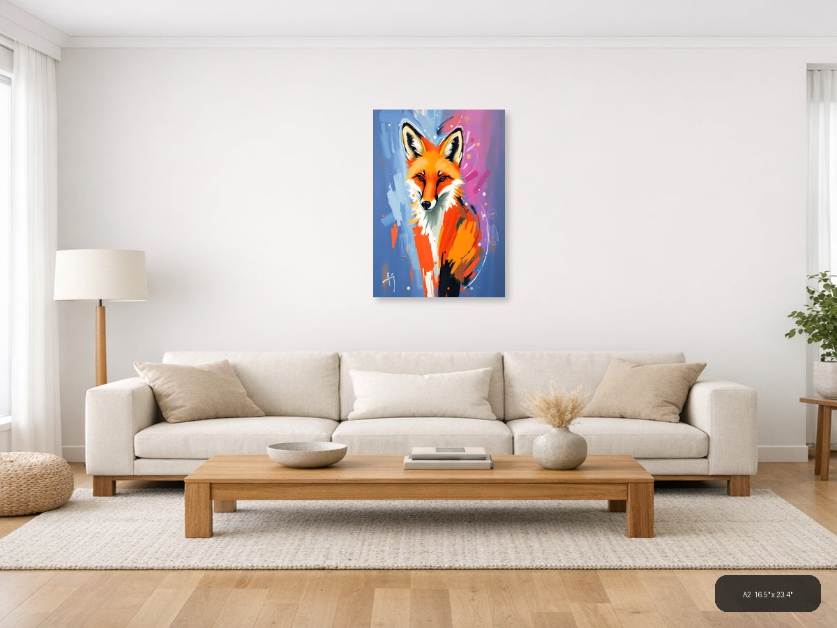 Abstract Fox Portrait: Vibrant Orange & Blue Wall Art — A2 / Living Room