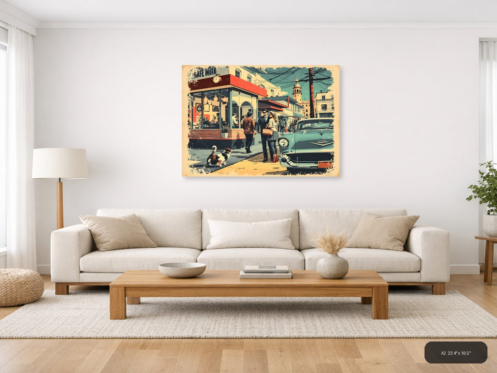 Vintage Café Street Scene with Retro Car Wall Art — A2 / Living Room