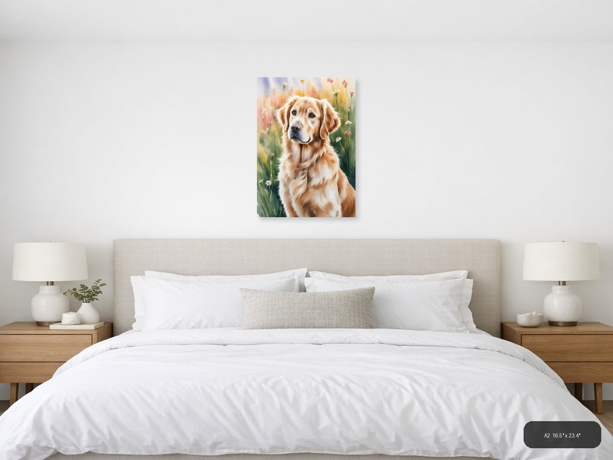 Golden Retriever in Wildflower Meadow Watercolor Wall Art — A2 / Bedroom
