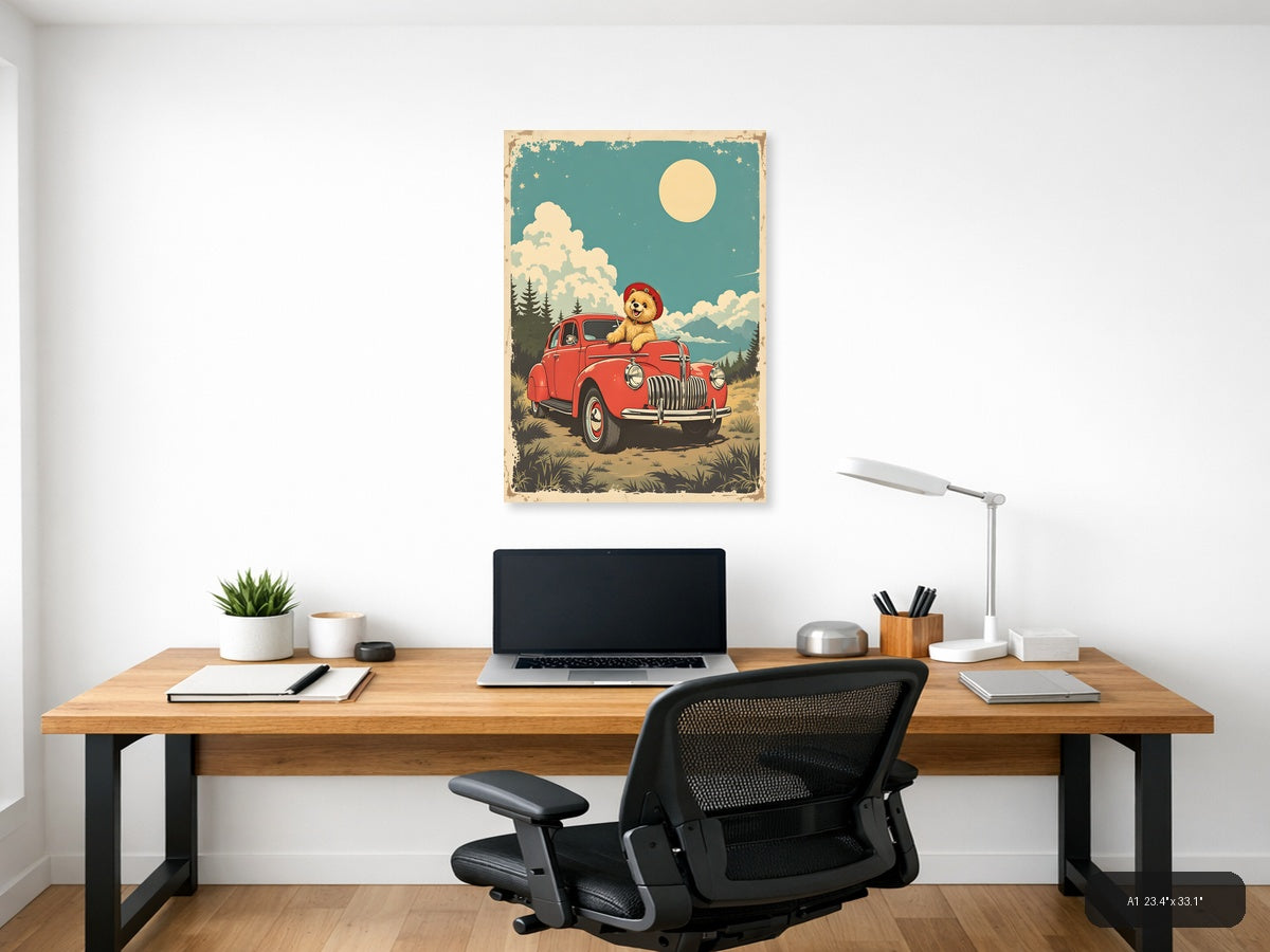 Vintage Teddy Bear in Red Truck Moonlight Wall Art — A1 / Office