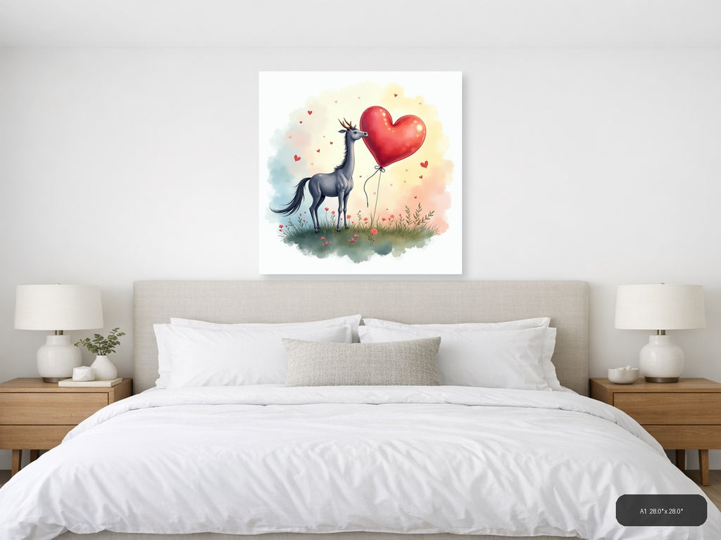 Llama with Heart Balloon Watercolor Wall Art — A1 / Bedroom