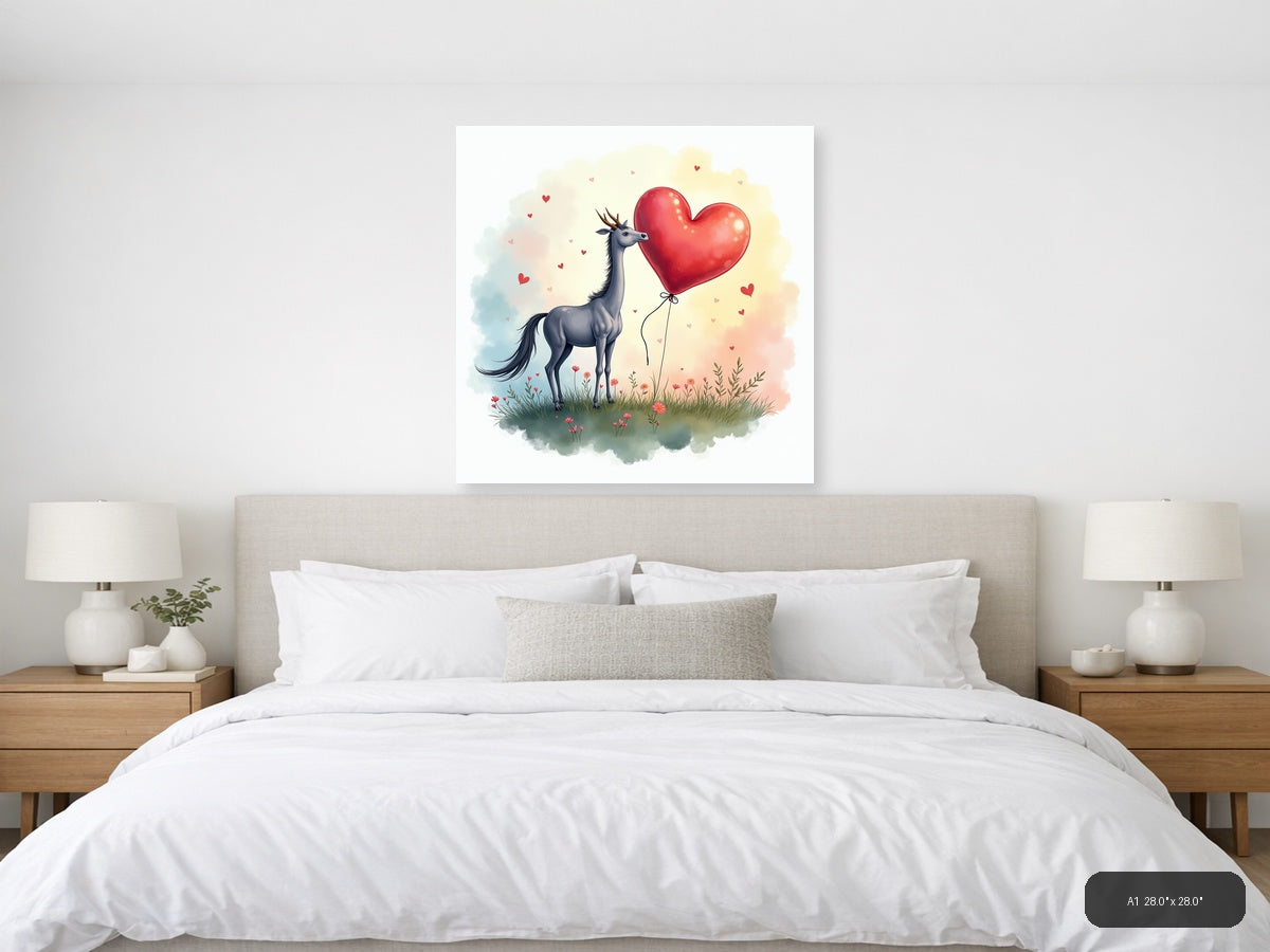 Llama with Heart Balloon Watercolor Wall Art — A1 / Bedroom