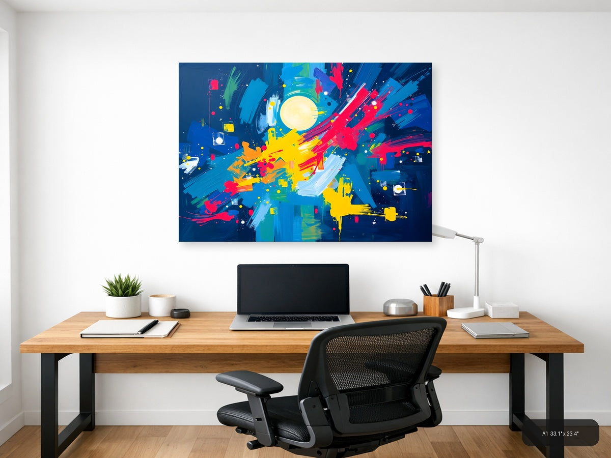 Vibrant Abstract Moon & Explosion Blue Canvas Wall Art — A1 / Office