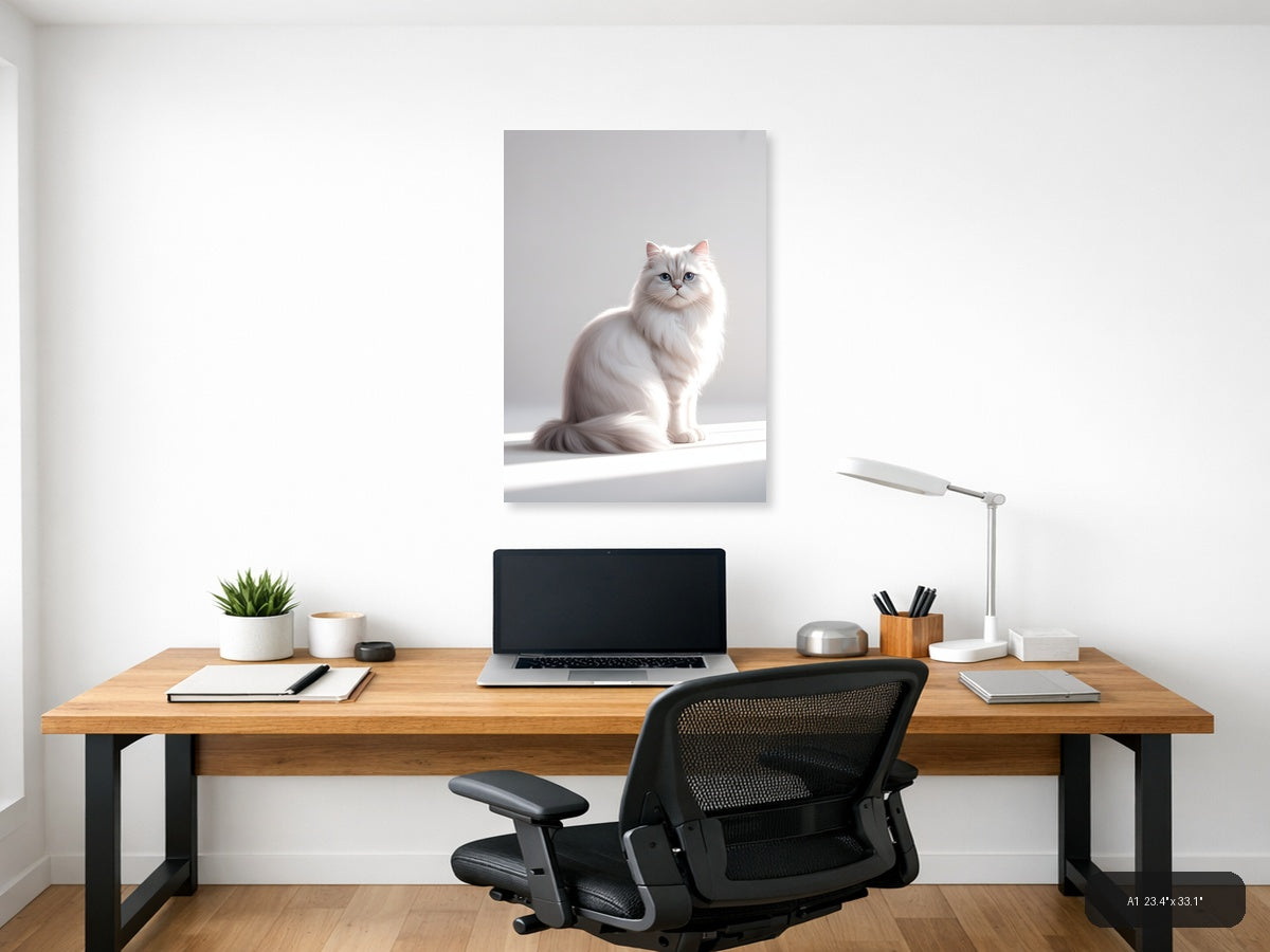White Fluffy Cat with Blue Eyes Minimalist Wall Art — A1 / Office