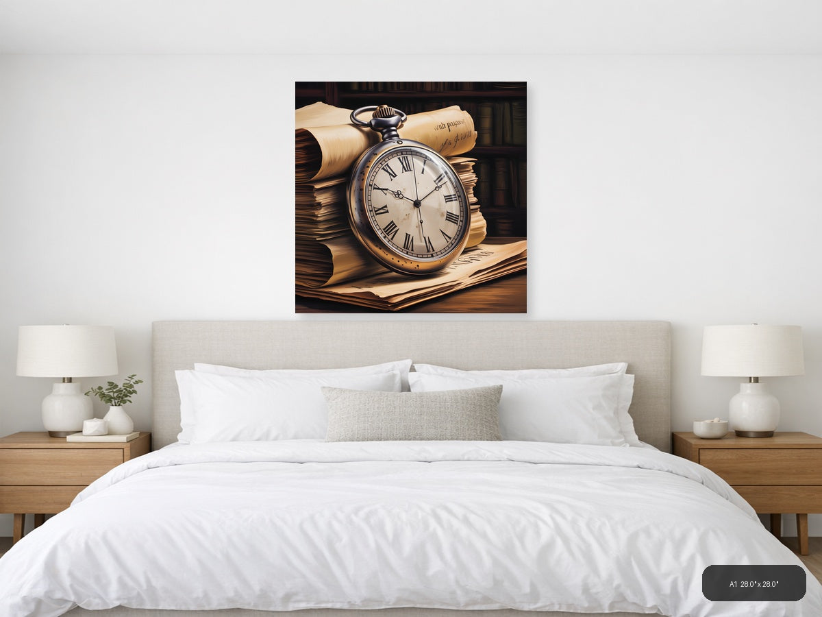 Vintage Pocket Watch & Books Stack Wall Art — A1 / Bedroom