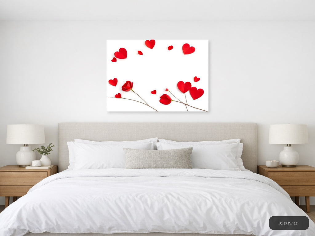 Red Hearts and Roses Minimalist Landscape Wall Art — A2 / Bedroom
