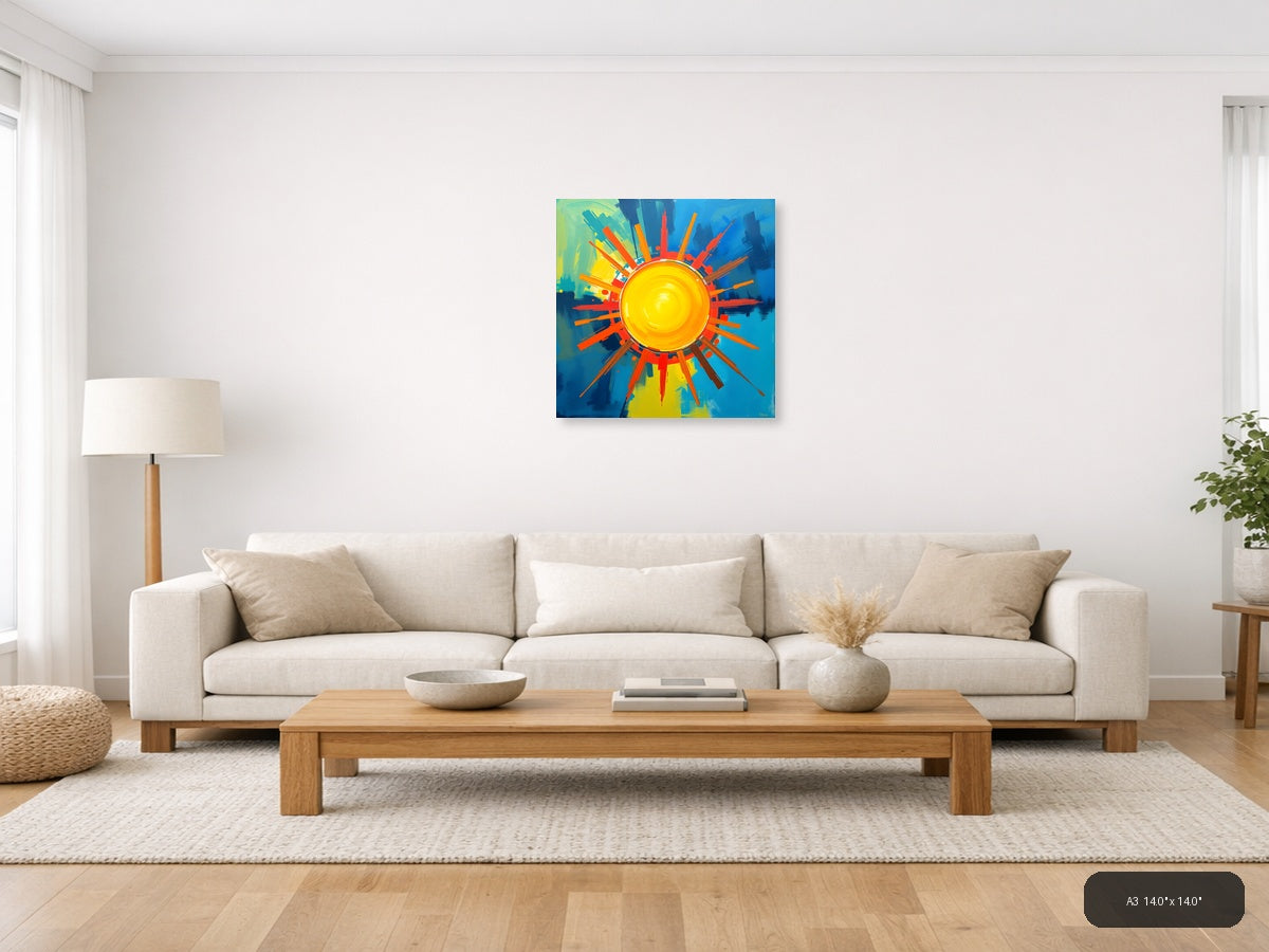 Abstract Sun Burst Modern Art | Vibrant Yellow Blue Wall Art — A3 / Living Room