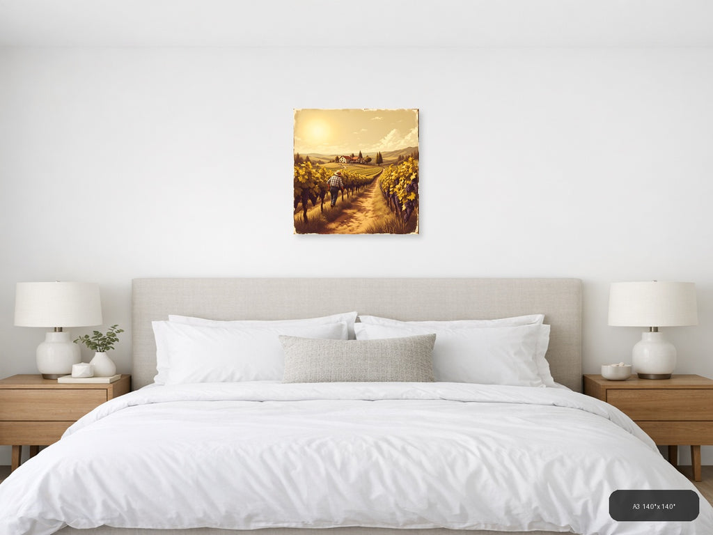 Vintage Vineyard Harvest Farmer Walking Path Wall Art — A3 / Bedroom