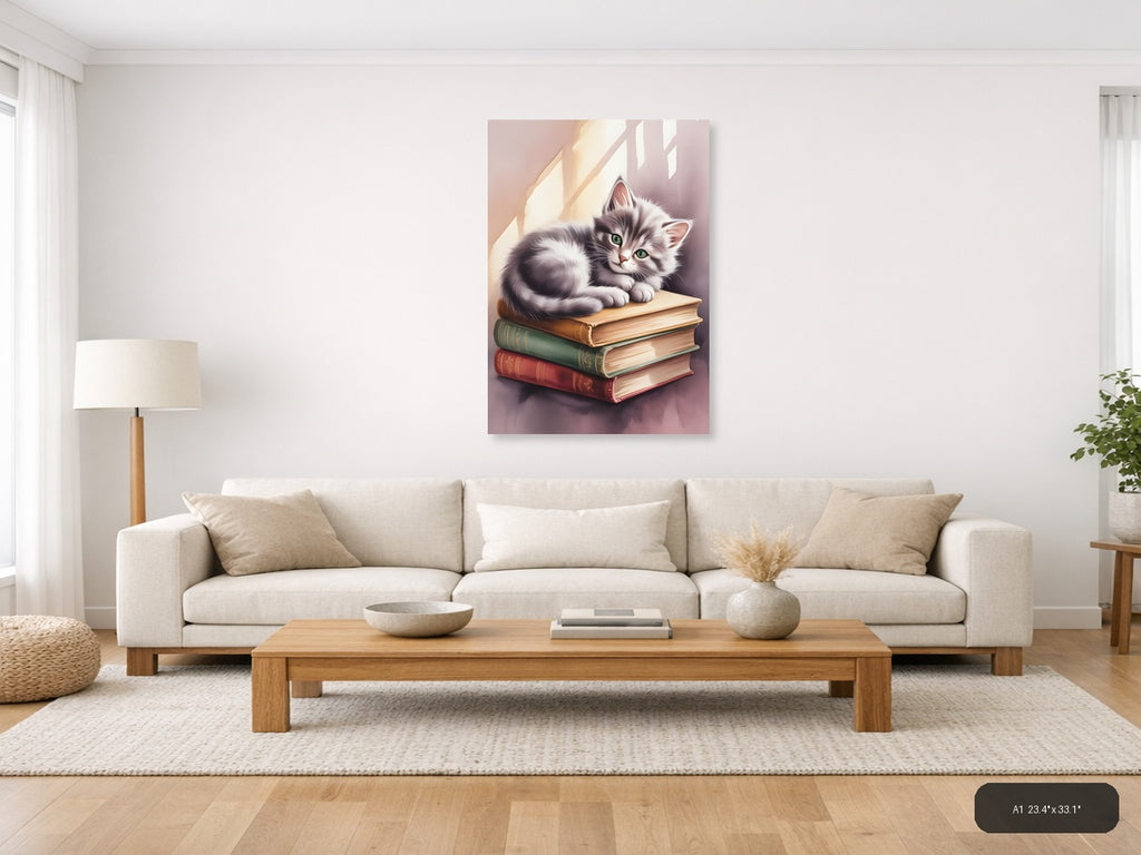 Kitten on Books Watercolor Portrait Wall Art — A1 / Living Room