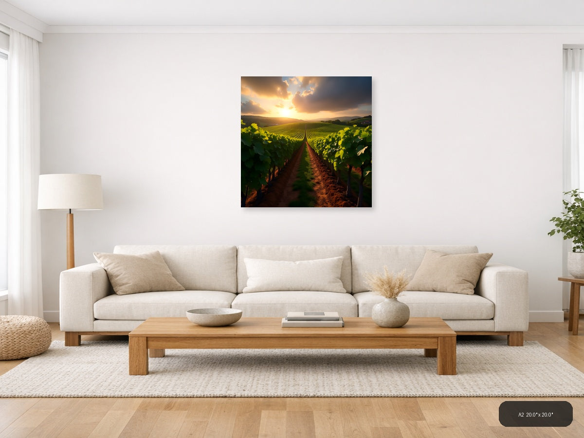 Golden Sunset Vineyard Landscape Photography Wall Art — A2 / Living Room
