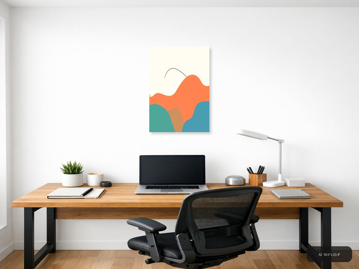 Minimalist Abstract Waves in Coral, Teal & Blue Wall Art — A2 / Office