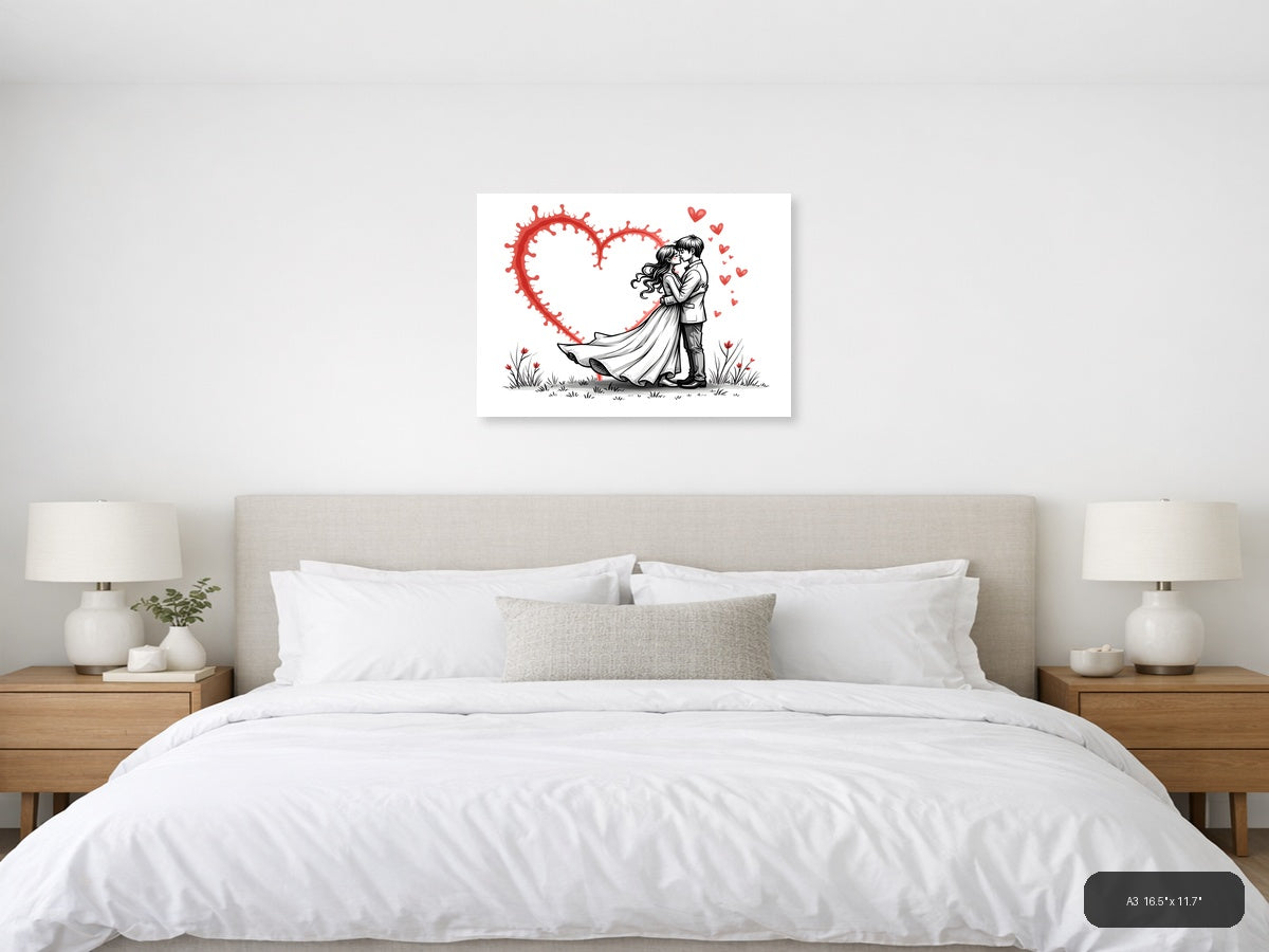 Couple Kissing Red Heart Line Art Wall Art — A3 / Bedroom