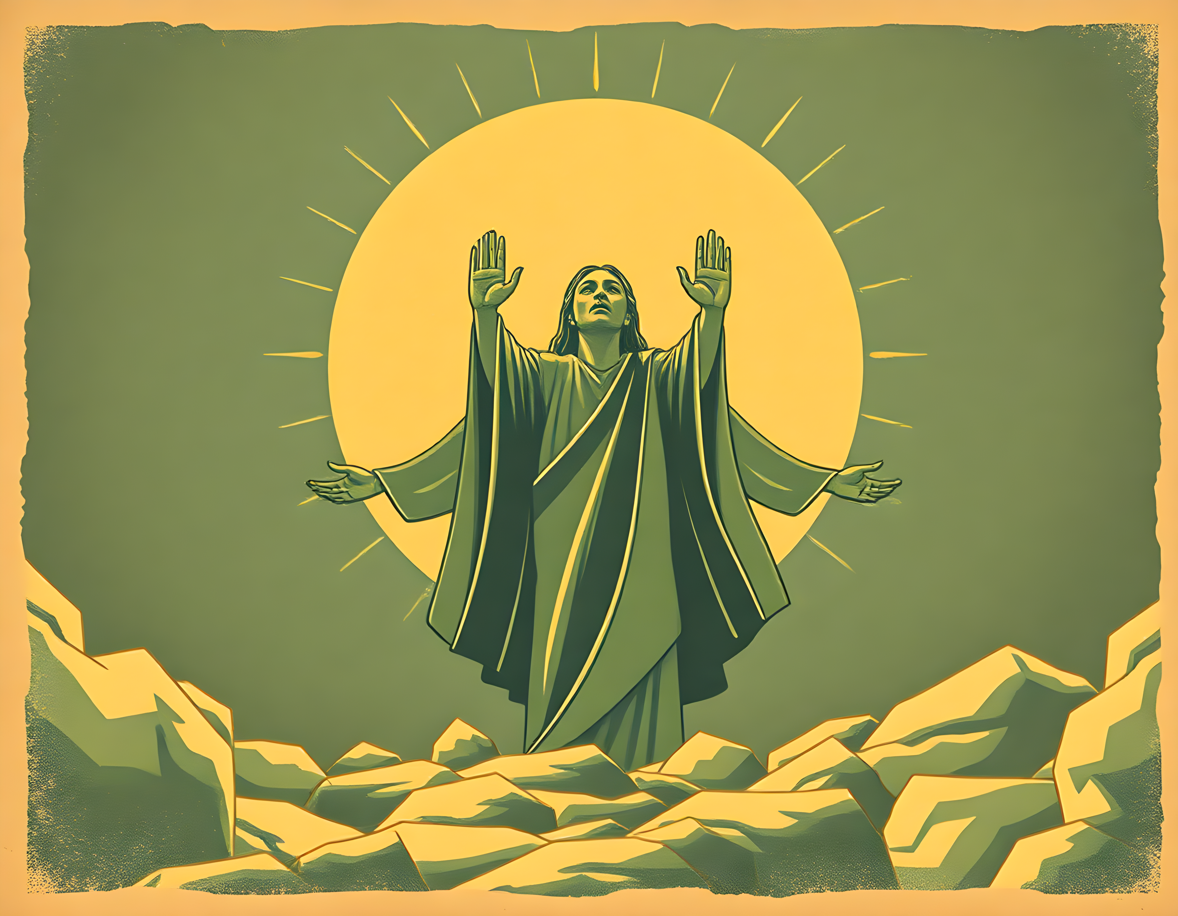 Vintage Spiritual Figure with Radiating Sun Halo Wall Art
