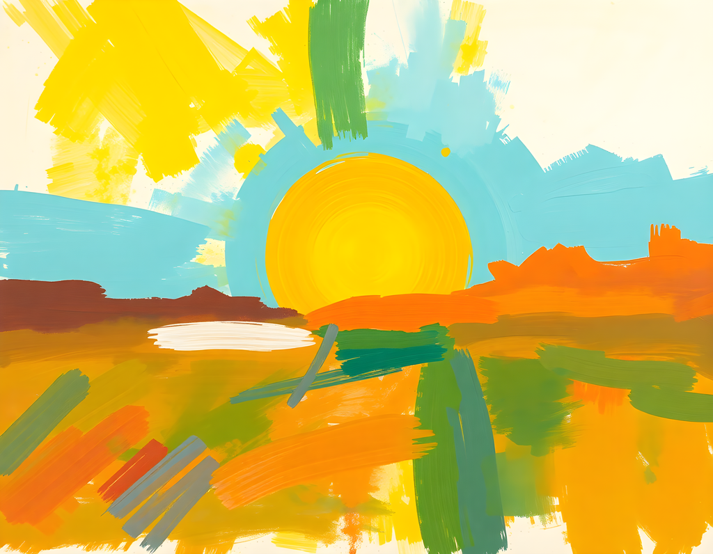 Abstract Sunset Landscape with Yellow Sun Wall Art