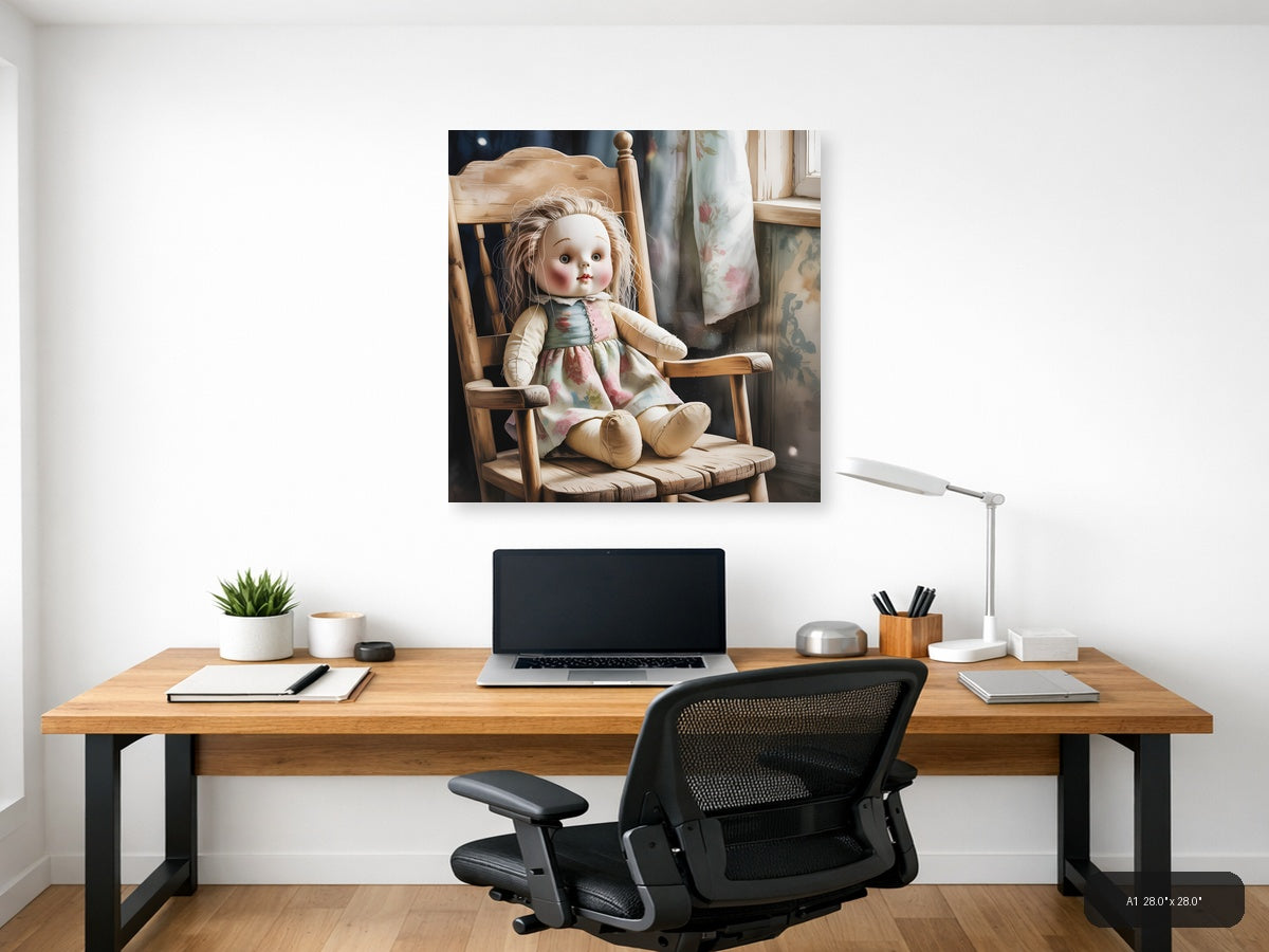 Vintage Porcelain Doll on Wooden Chair Watercolor Wall Art — A1 / Office