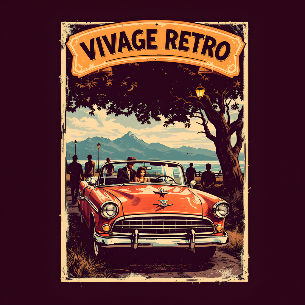 Vintage Retro Classic Car Mountain Landscape Wall Art