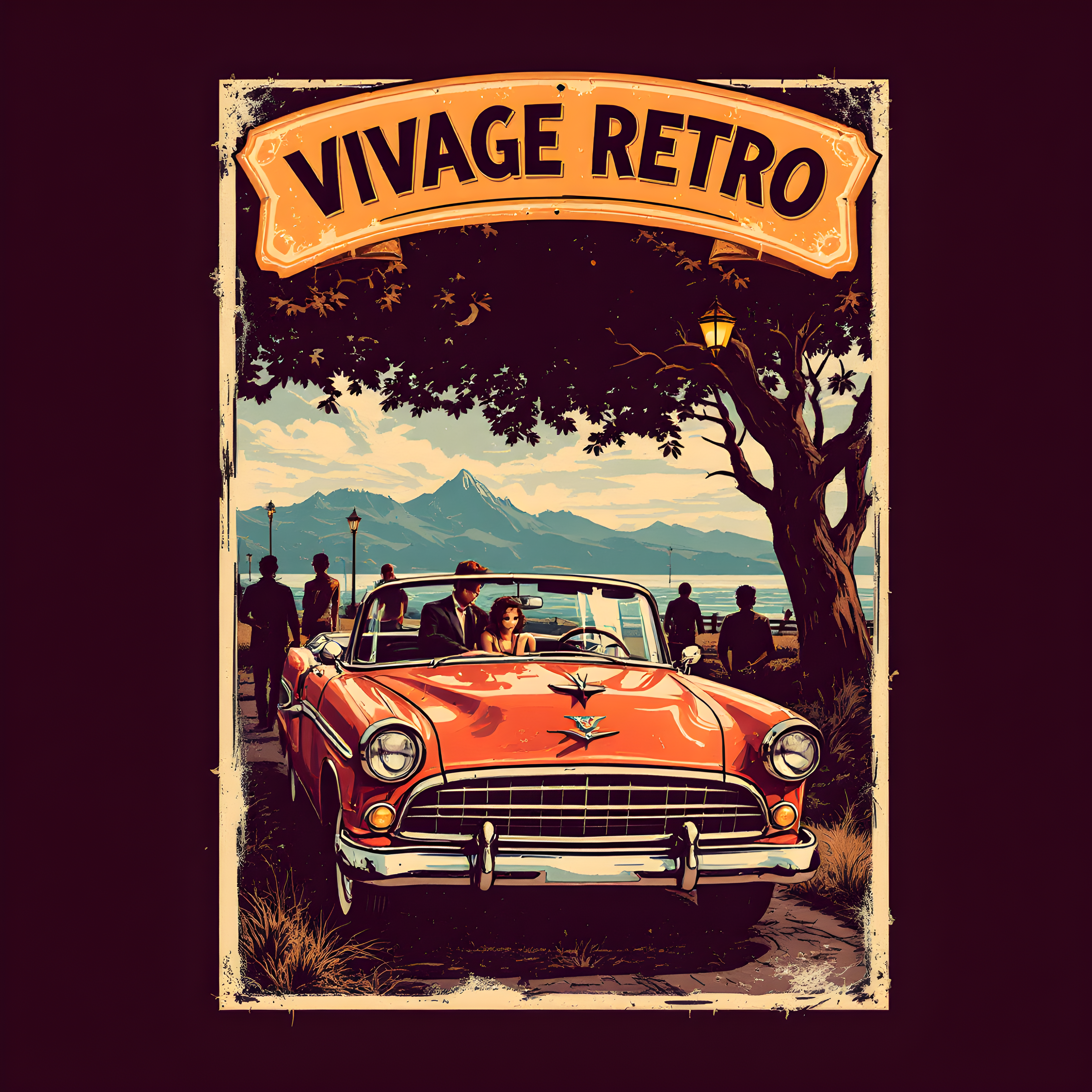 Vintage Retro Classic Car Mountain Landscape Wall Art