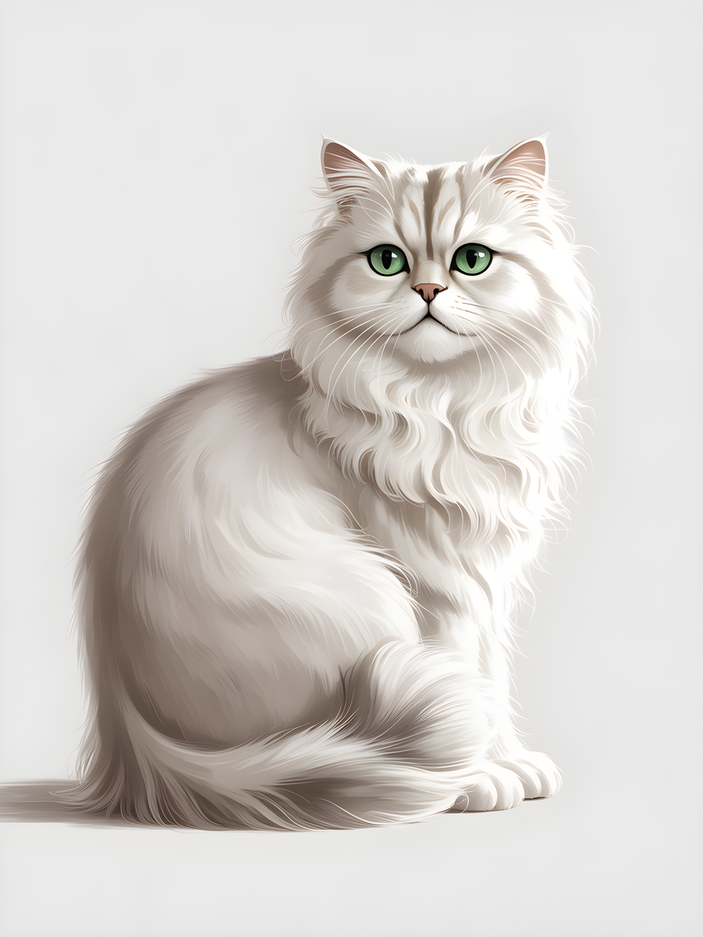 White Fluffy Cat with Green Eyes Minimalist Wall Art
