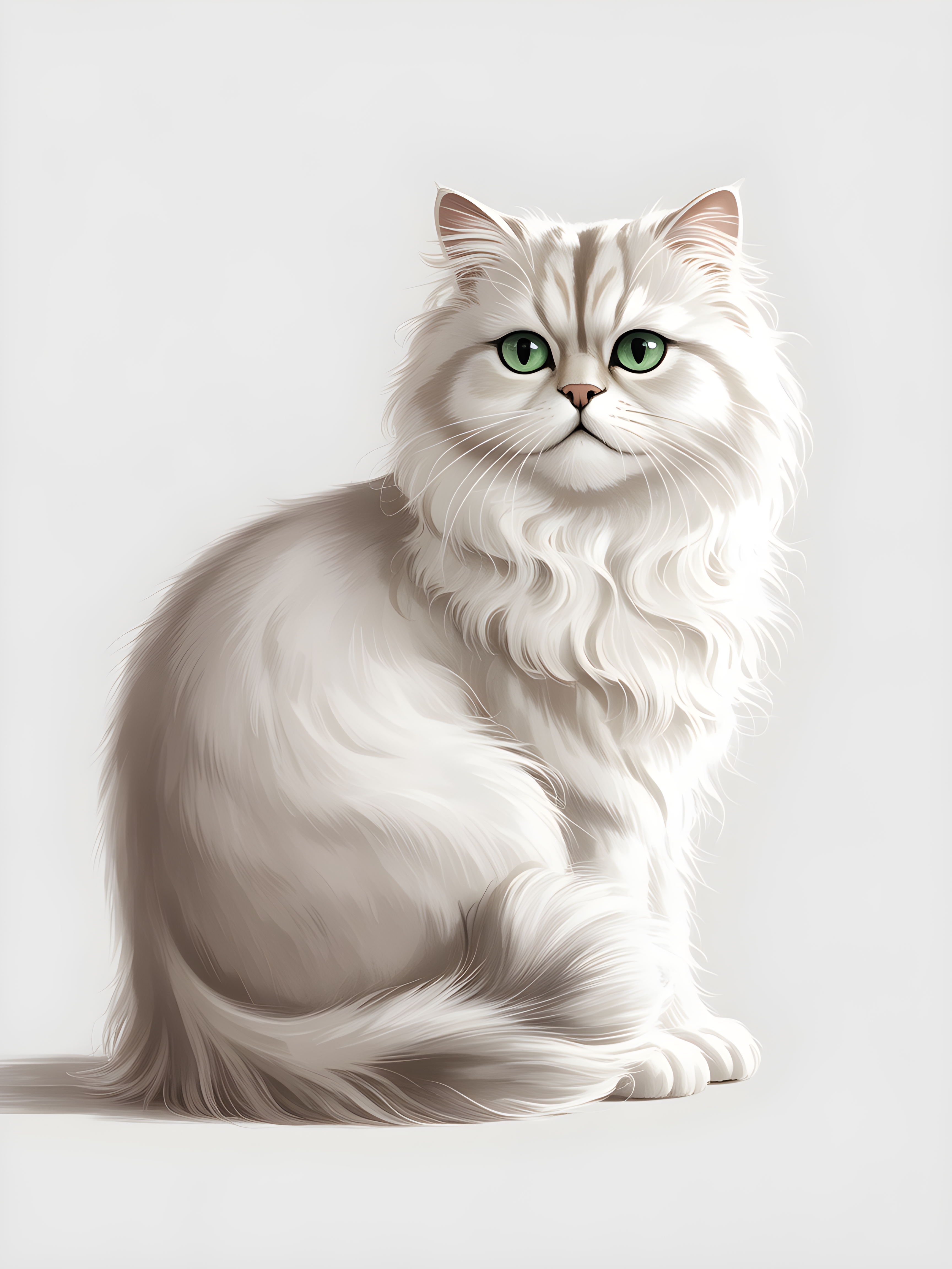 White Fluffy Cat with Green Eyes Minimalist Wall Art