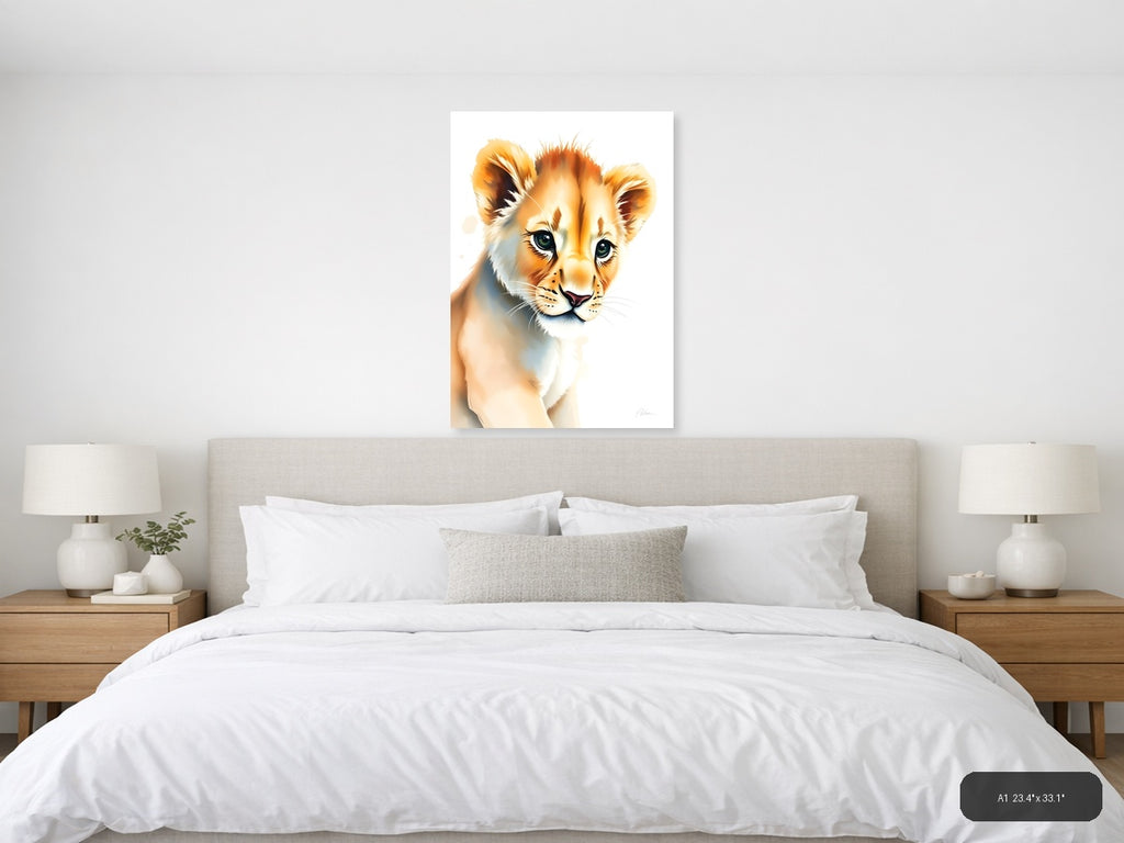 Young Lion Cub Watercolor Portrait Wall Art — A1 / Bedroom