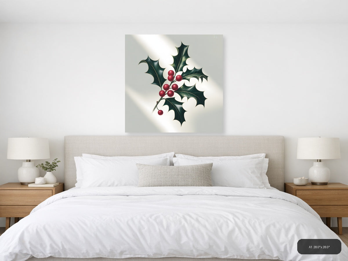 Holly Berries & Leaves Minimalist Square Wall Art — A1 / Bedroom