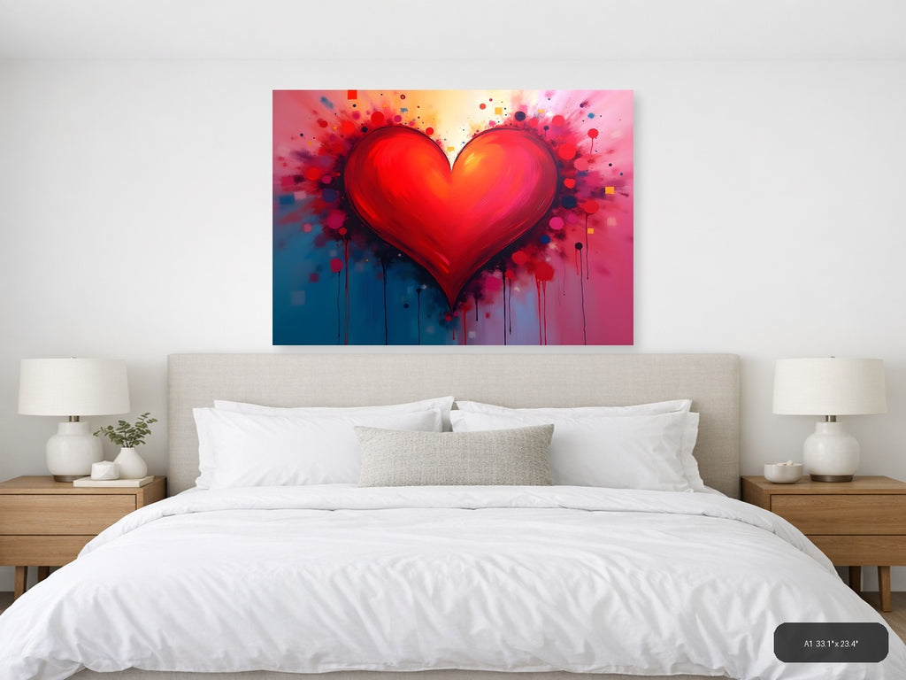 Red Heart Abstract Explosion Splatter Wall Art — A1 / Bedroom