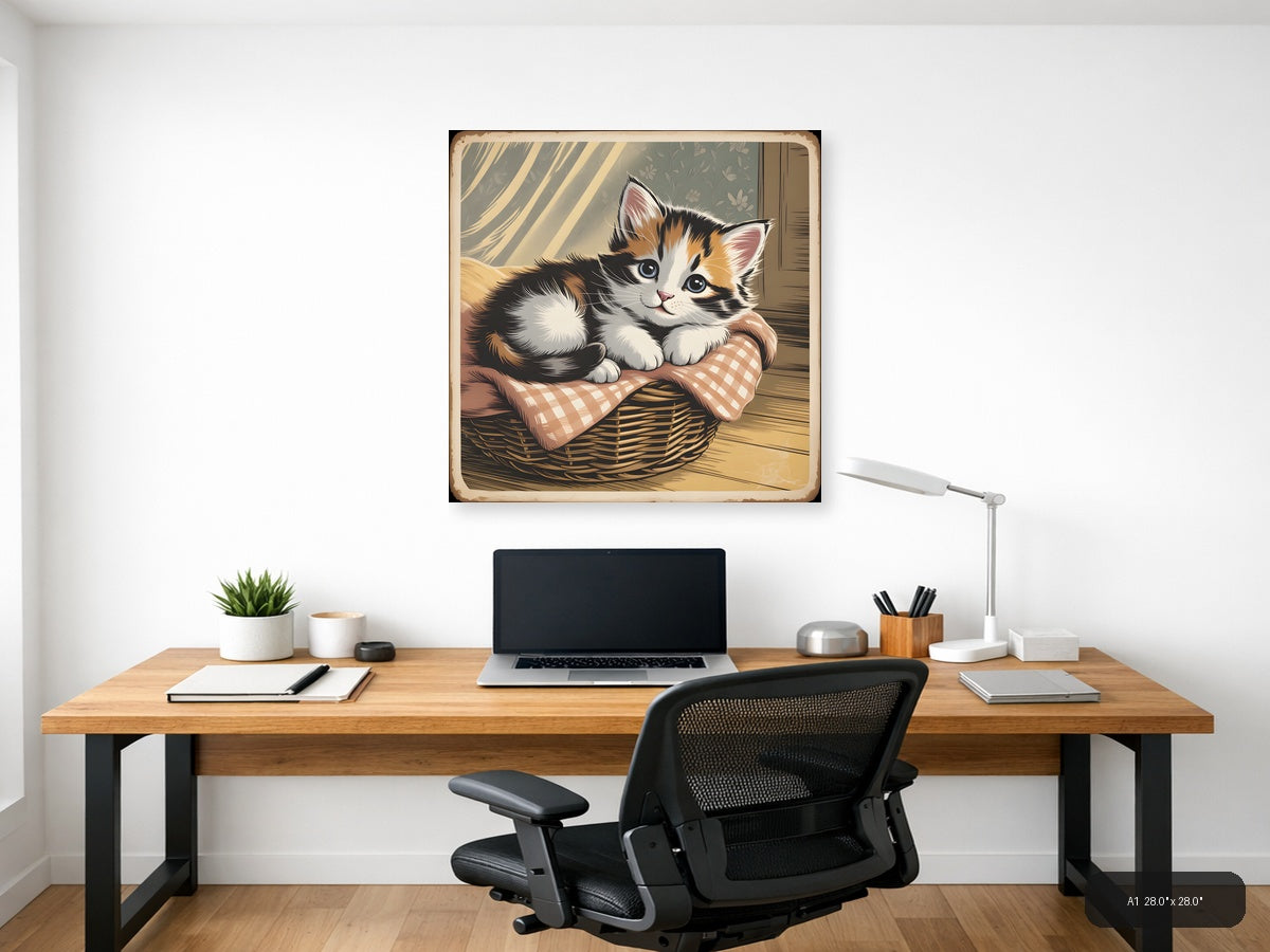 Vintage Calico Kitten in Basket - Square Wall Art — A1 / Office