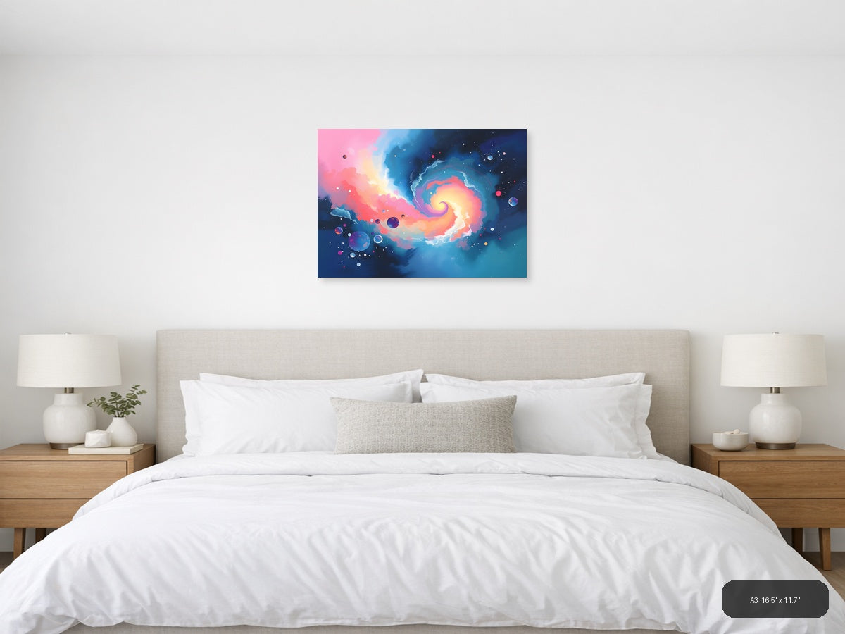 Cosmic Spiral Galaxy Abstract Pink Blue Wall Art — A3 / Bedroom