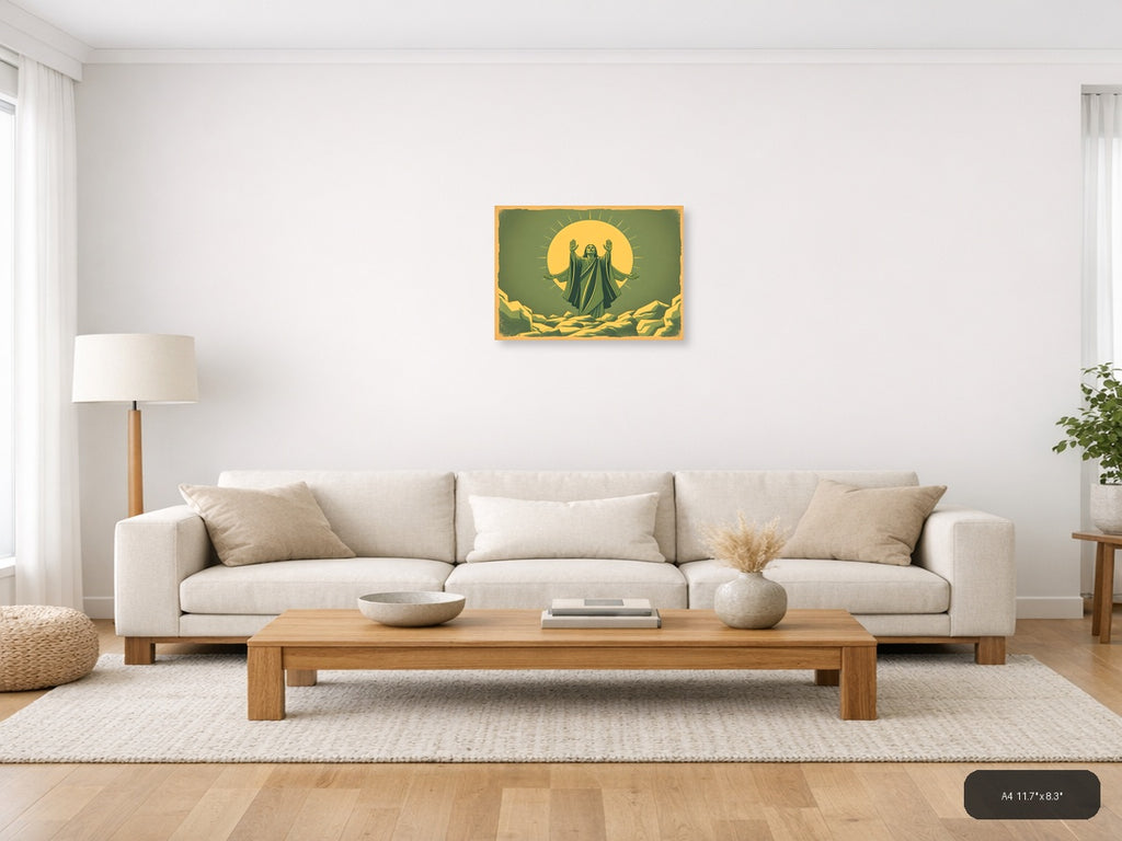 Vintage Spiritual Figure with Radiating Sun Halo Wall Art — A4 / Living Room