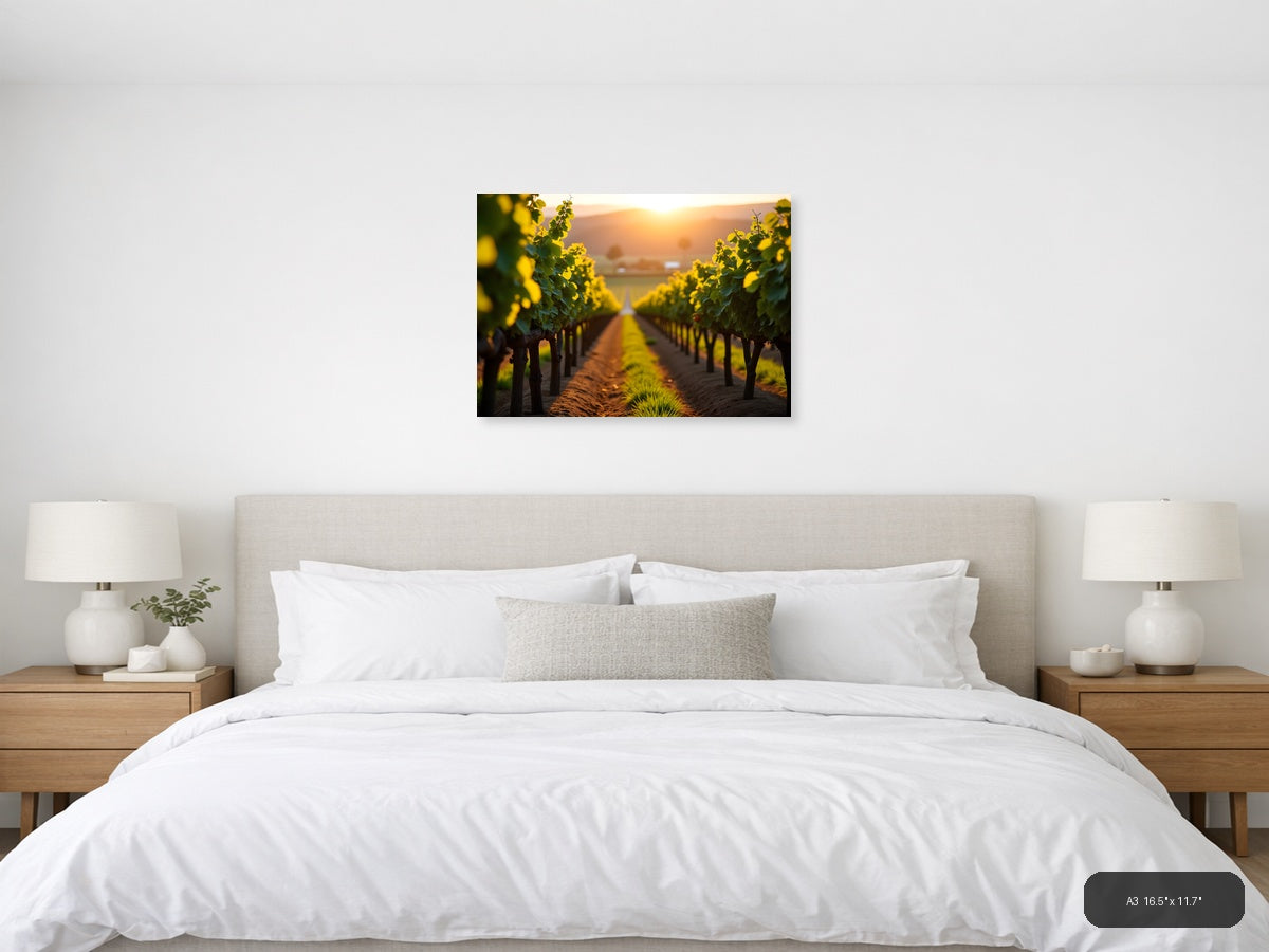Golden Sunset Vineyard Rows Photography Wall Art — A3 / Bedroom